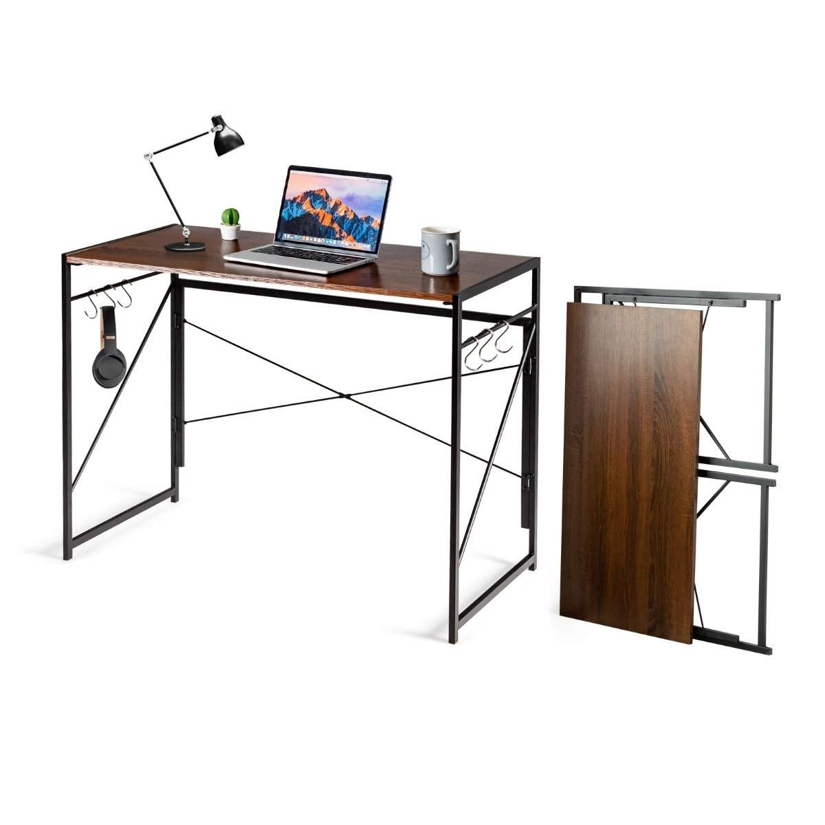 Sammenklappeligt computerbord, arbejdsbord med metalstel, laptopbord, kan holde op til 115 kg, brun, 100 x 50 x 75 cm