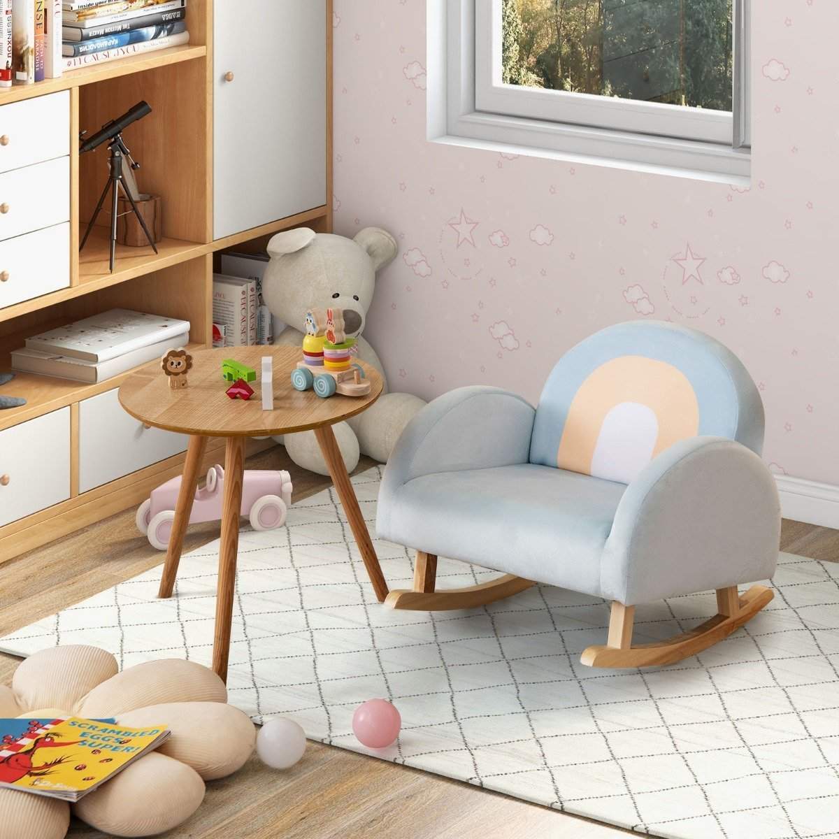 Toddler gyngestol børnepolstret rocker med solid gummitræramme 50 x 46 x 45 cm blå