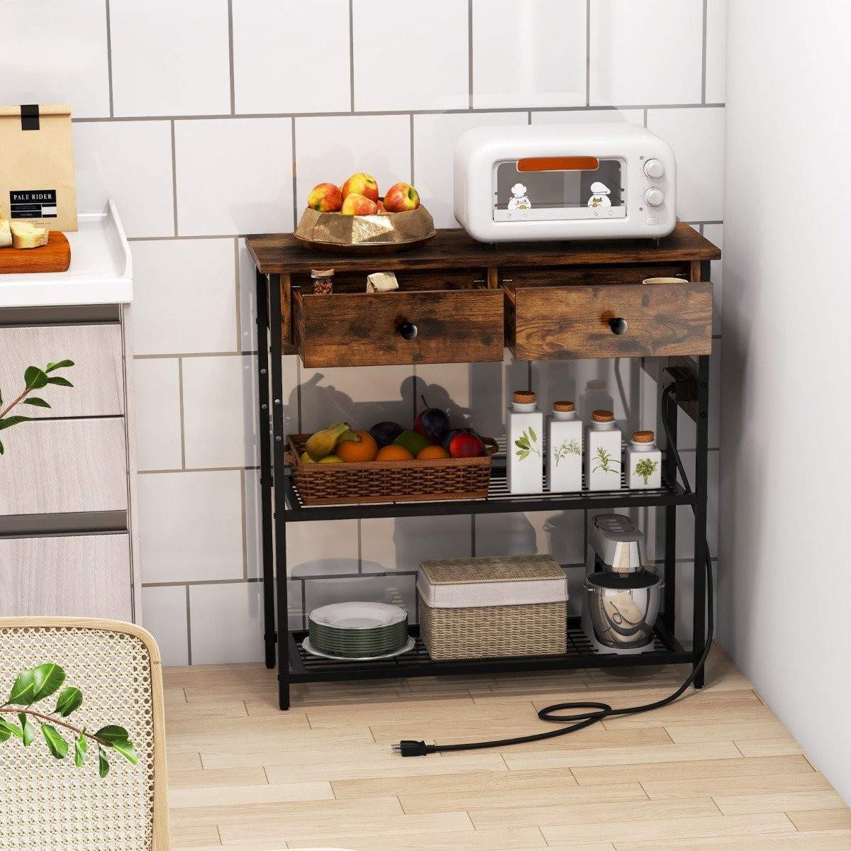 Laddningsstation för entrébord med 2 lådor och 2 metallnäthyllor Rustikbrun | Mode & Accessoarer - Smycken, Smyckesset & Tillbehör - Ringar | Pryloteket