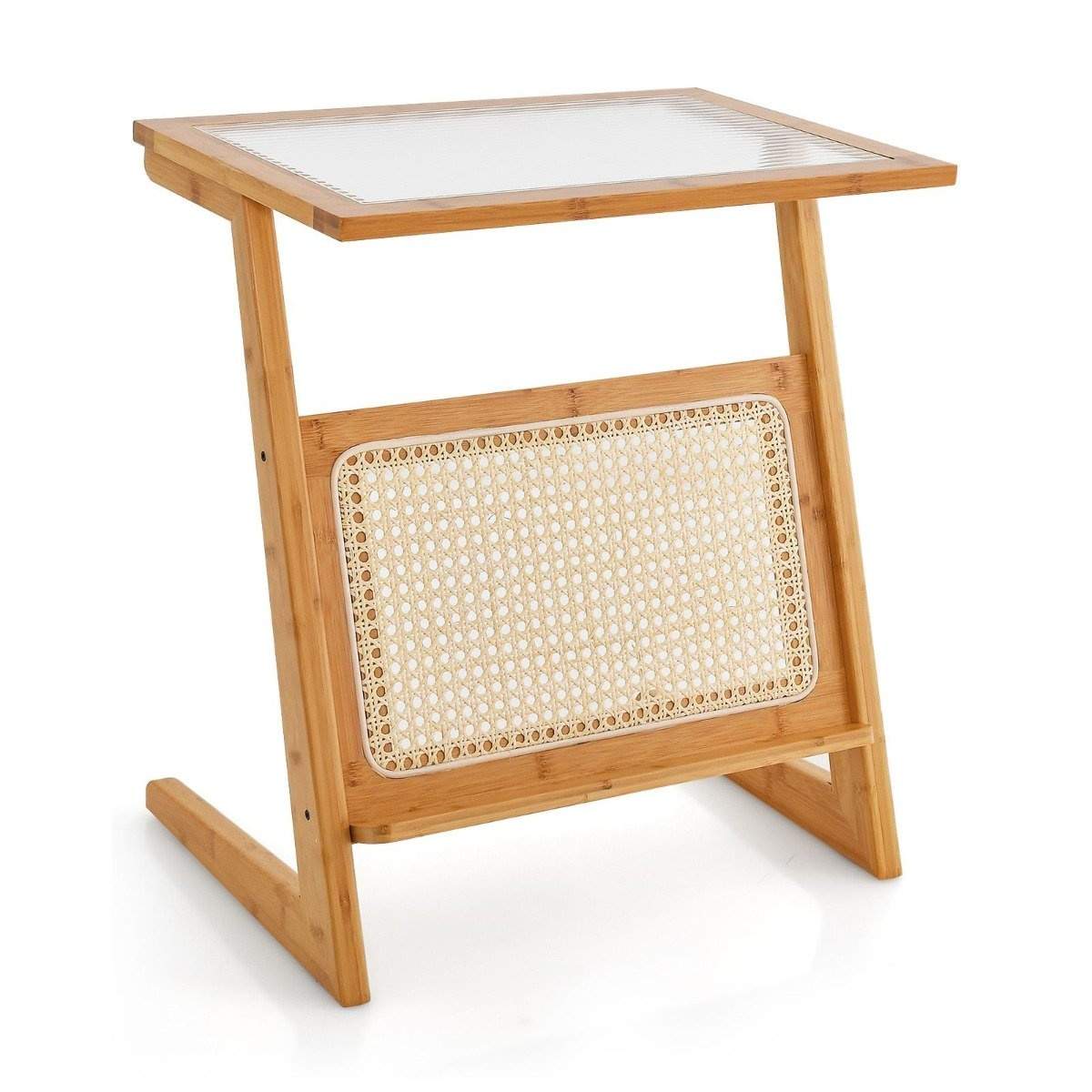 Bambus sidebord med magasinholder i rattan & glasplade Z-formet sofabord sofabord