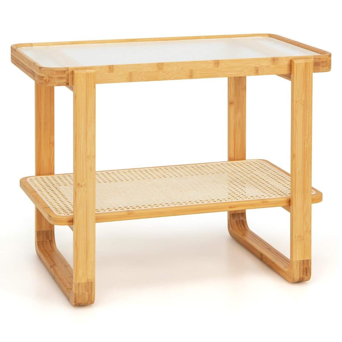 Sofabord med aftagelig glasplade & rattanhylde Sofabord med bambusstel