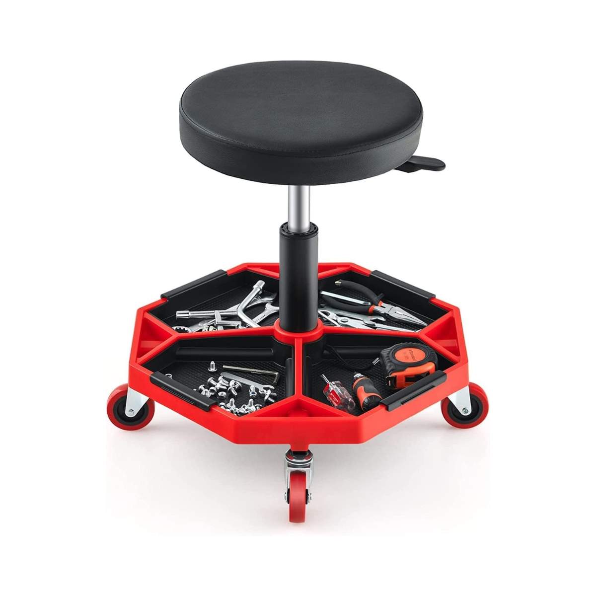 Rullende værkstedssæde med hylde & 4 universalhjul, 150 kg bæreevne, højdejusterbar rød + sort