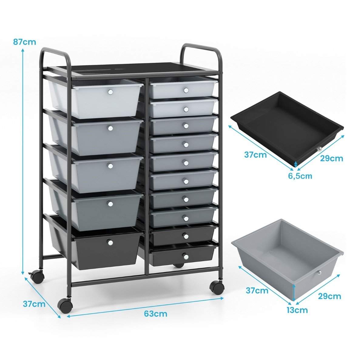 Vogn med 15 stabelbare skuffer Rullebeholder sidevogn med 15 skuffer Sort 62,5 x 37 x 87 cm