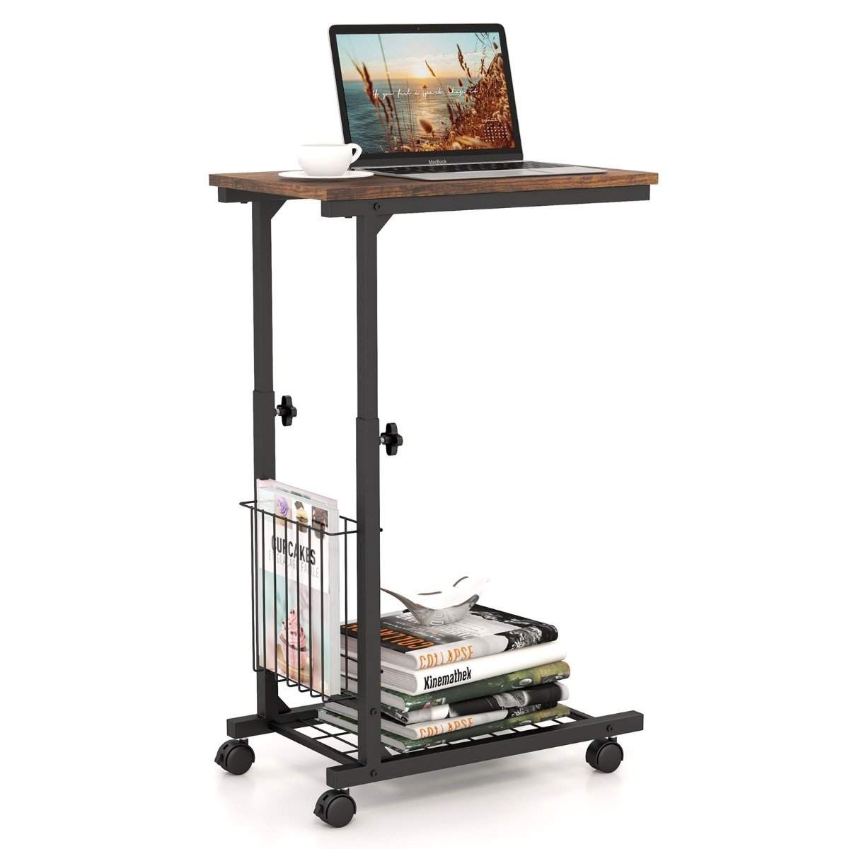 C-formet sofabord Justerbart sidebord med opbevaringskurv rustik brun