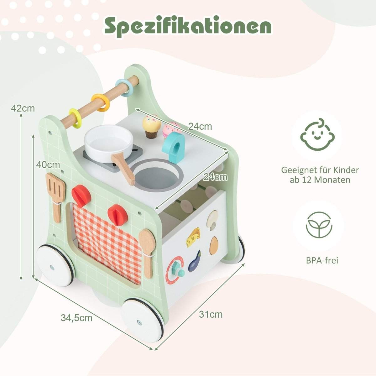 6 i 1 gåstol i træ med legekøkken & læringsur & formjustering & flytbar skyder grøn