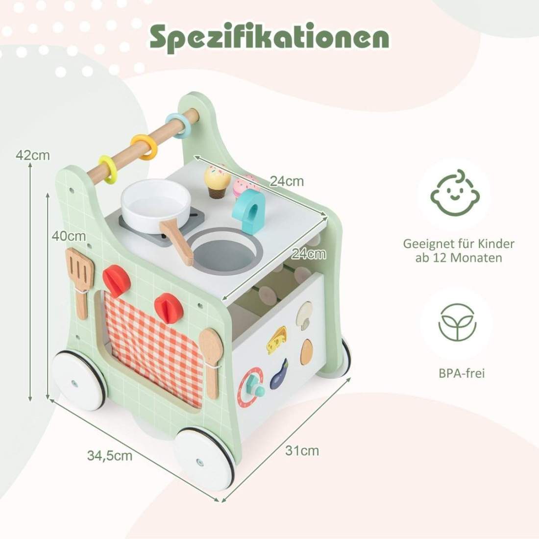 6 i 1 gåstol i trä med lekkök & inlärningsklocka & formjustering & flyttbar skjutreglage grön | Hem & Hobby - Hem & Hushåll - Kök - Köksredskap | Pryloteket