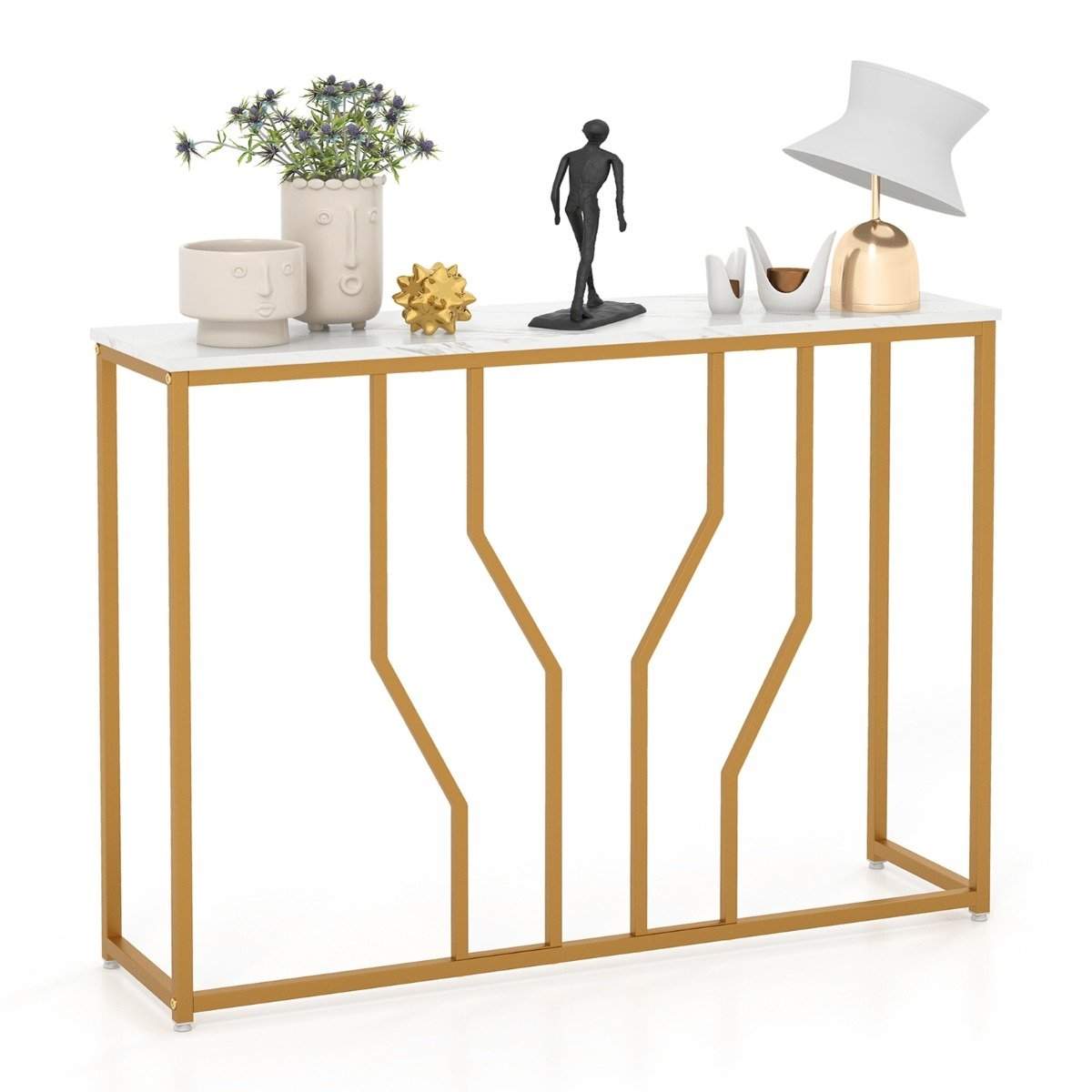Konsolbord med Geometrisk Metalramme Indgangsbord 110 x 30 x 80 cm Guld + Hvid
