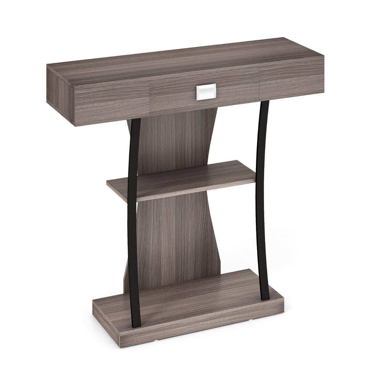 Trækonsolbord med skuffer & metalstel & 2 hylder & anti-tip grå