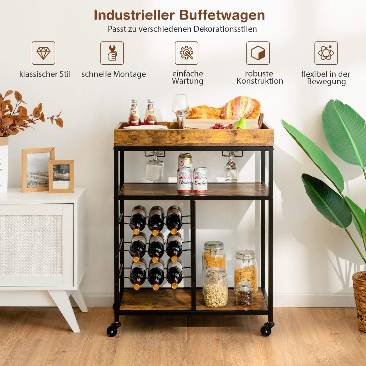Serveringsvogn med hjul & vinstativ & vinglasholder Køkkenvogn Rustik brun