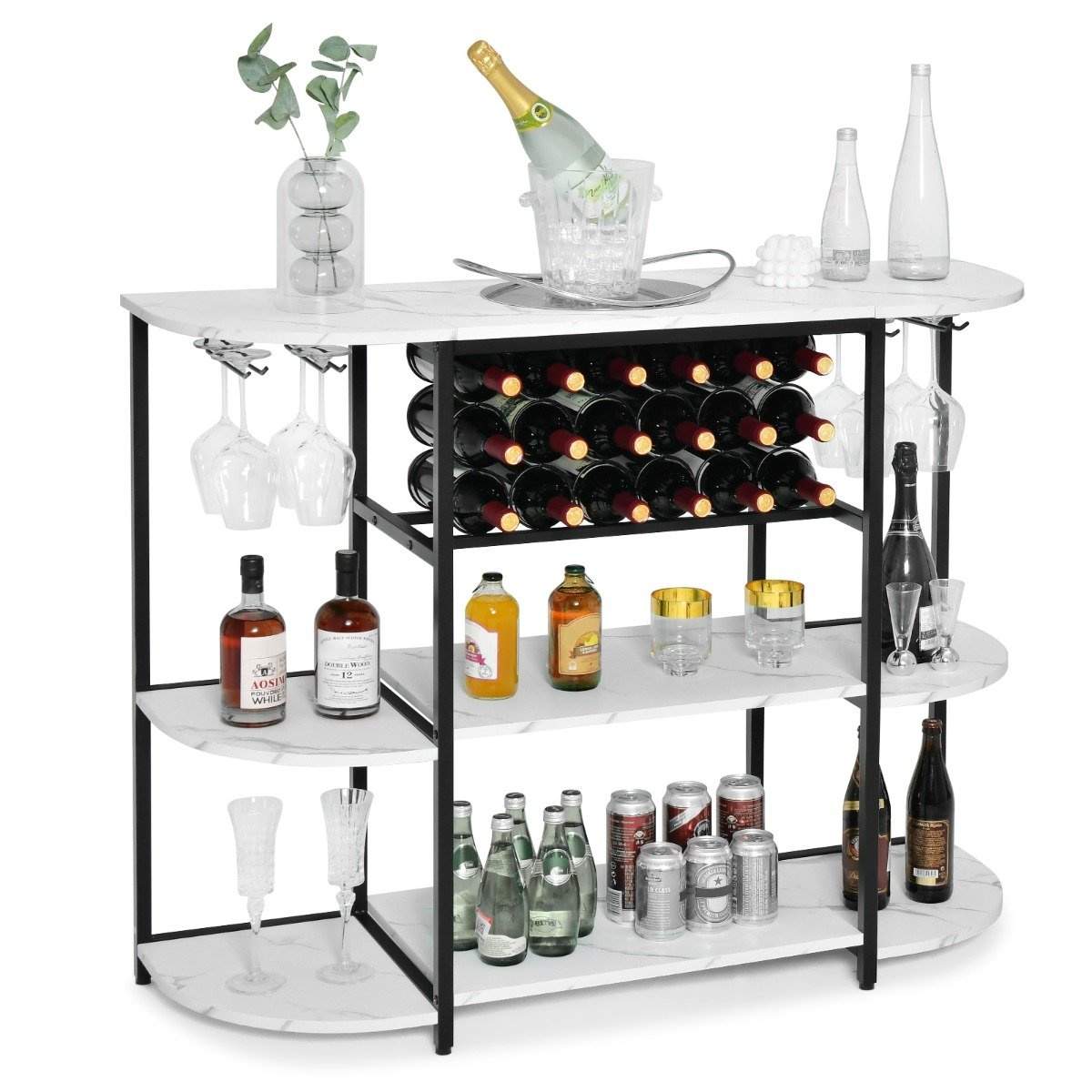 Vinreol med glasholder & hylder 3 niveauer flaskereol til 18 vinflasker & 8 glas 120 x 40 x 91 cm hvid