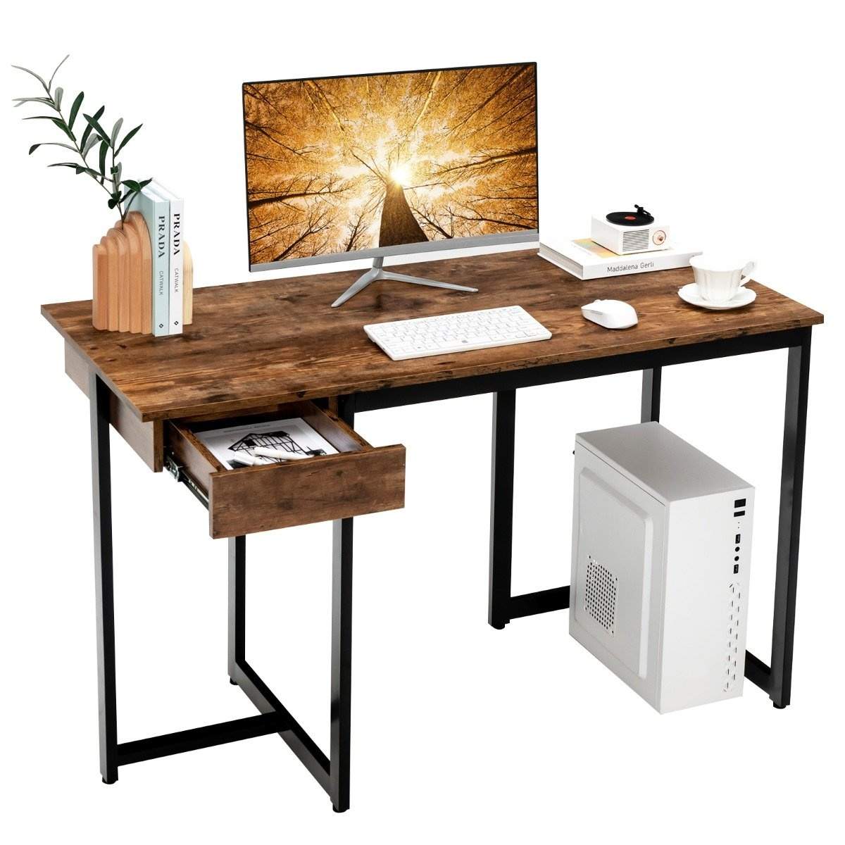 120 cm langt computerbord med skuffe og justerbare puder Computerbord rustik brun