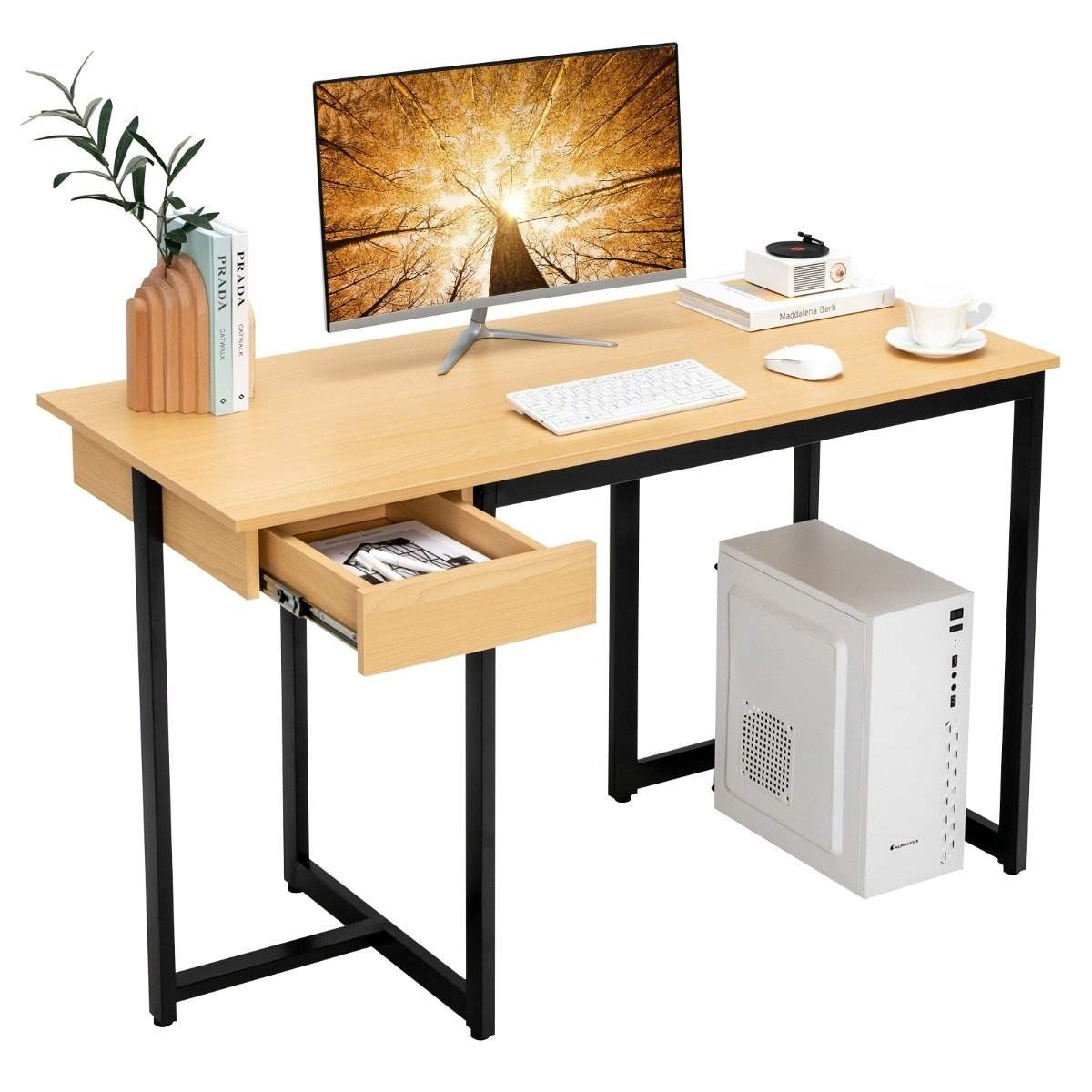 120 cm langt computerskrivebord med skuffe og justerbare puder Computerbord Natural