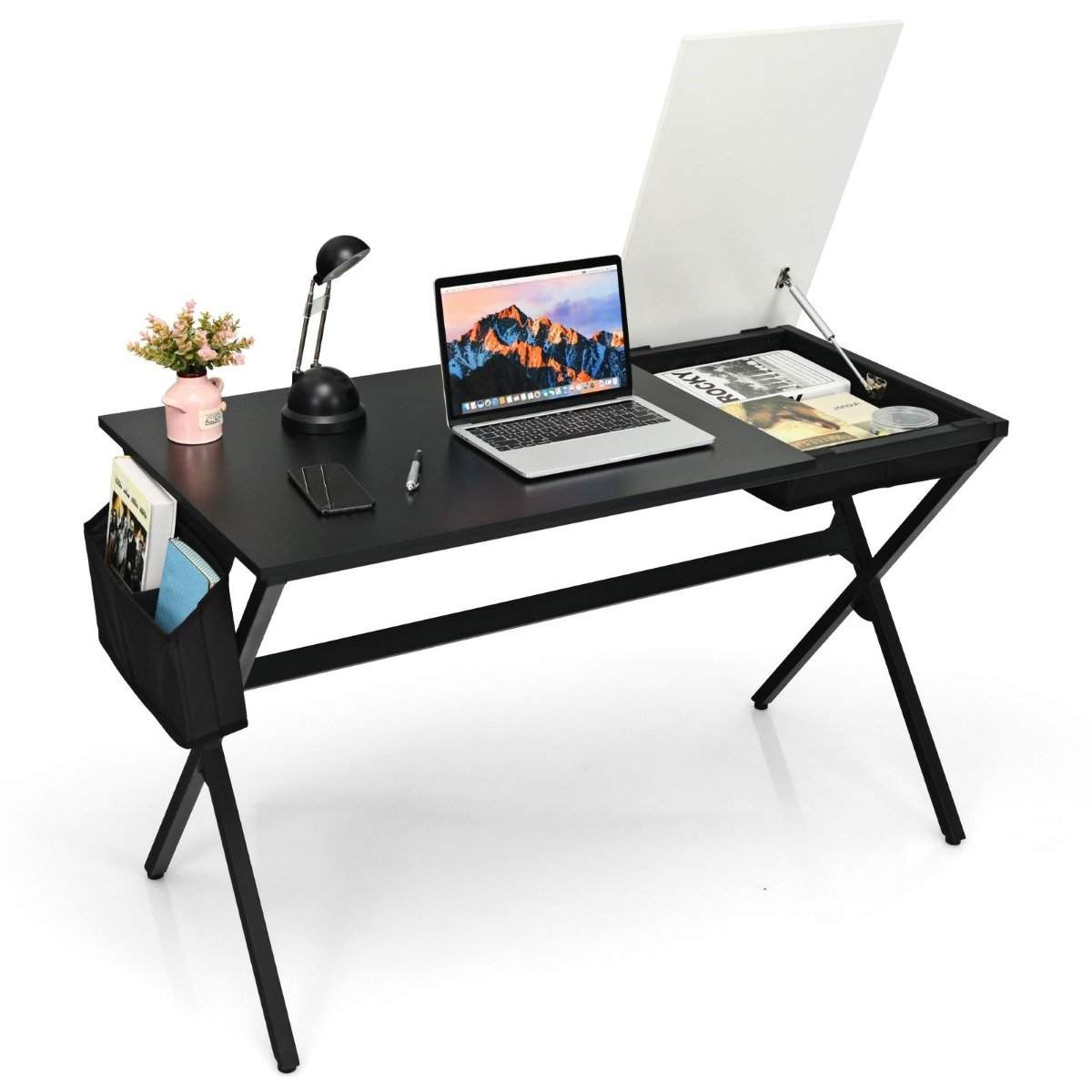 120 cm langt skrivebord med kubeskuffe & sidelomme computerbord sort + hvid
