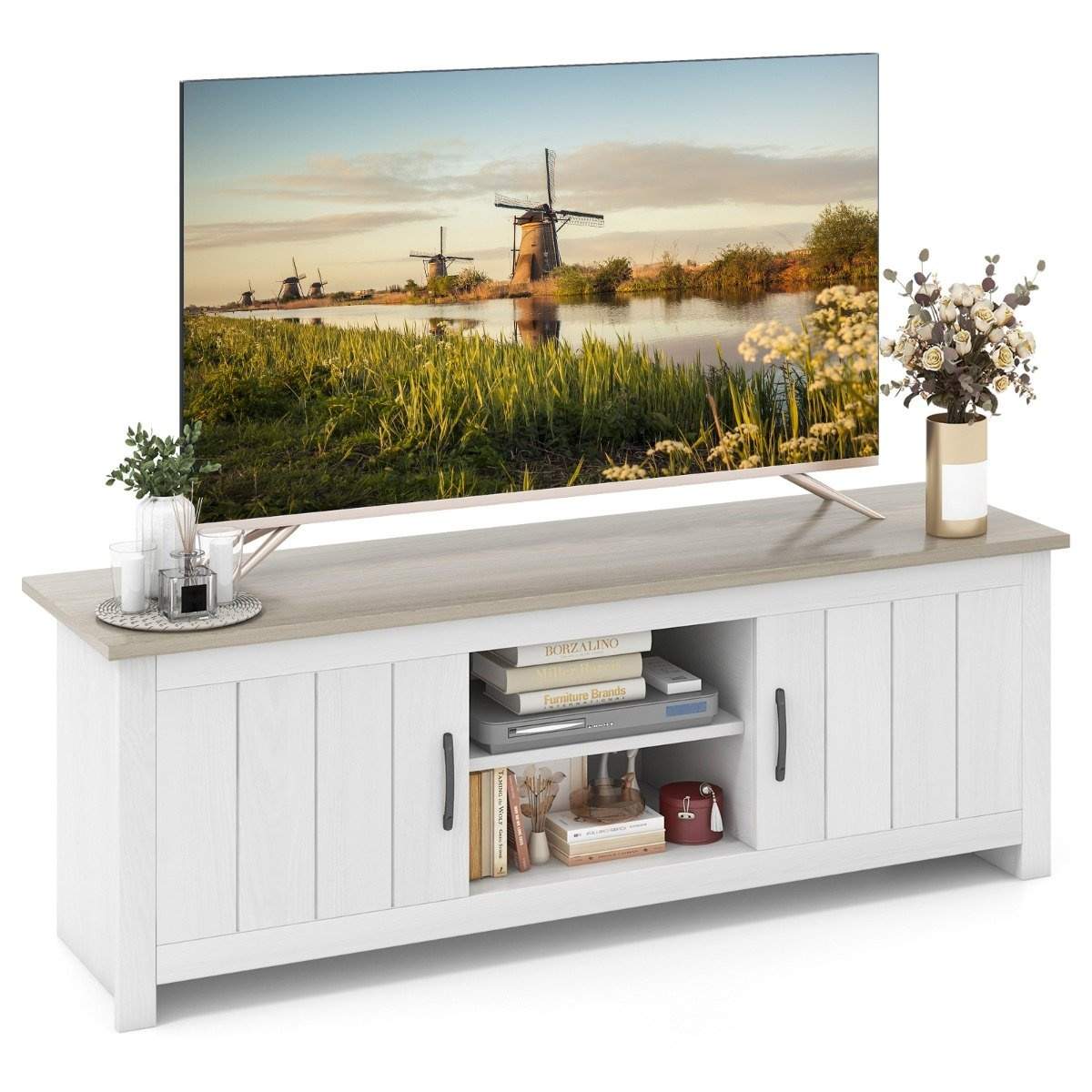TV-stander med 2 døre & 2 skabe og åbne hylder TV-stander til TV op til 65" lysegrå