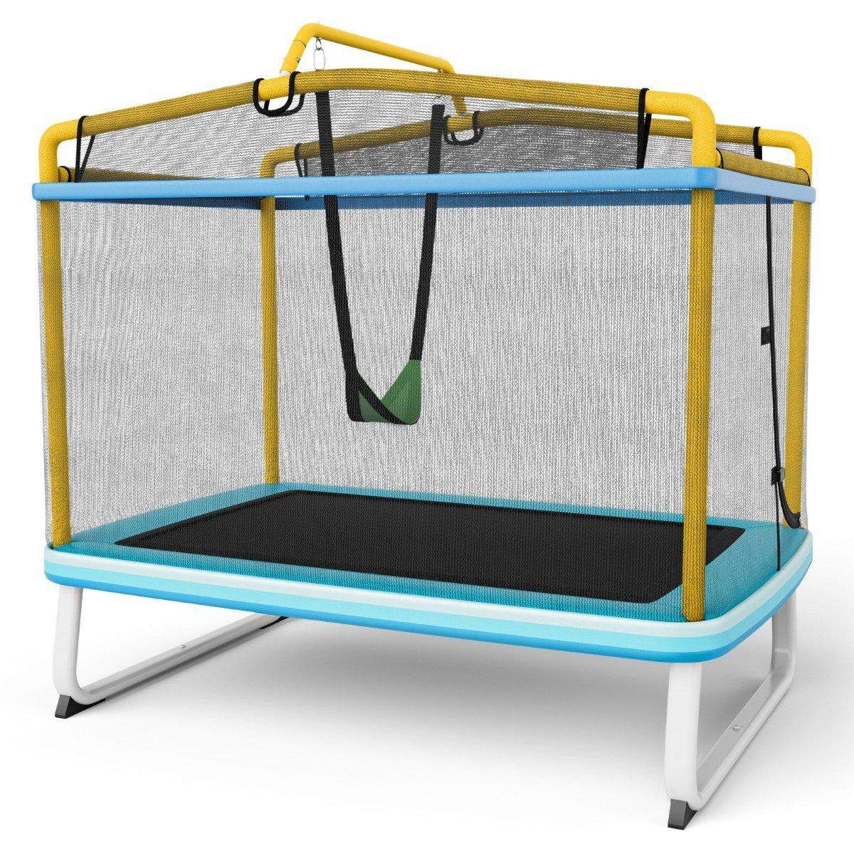 Rektangulær 3-i-1 børnetrampolin 190 x 124 cm fritidstrampolin med net blå + gul