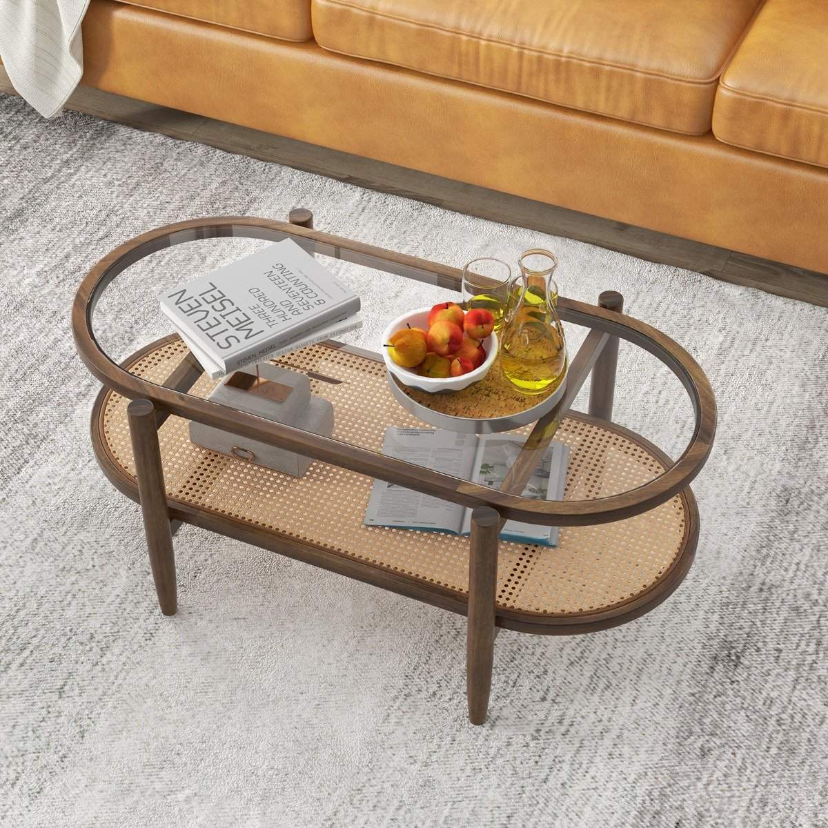 Sofabord sidebord med glasbordplade & rattanhylde 102 x 56 x 47 cm brun