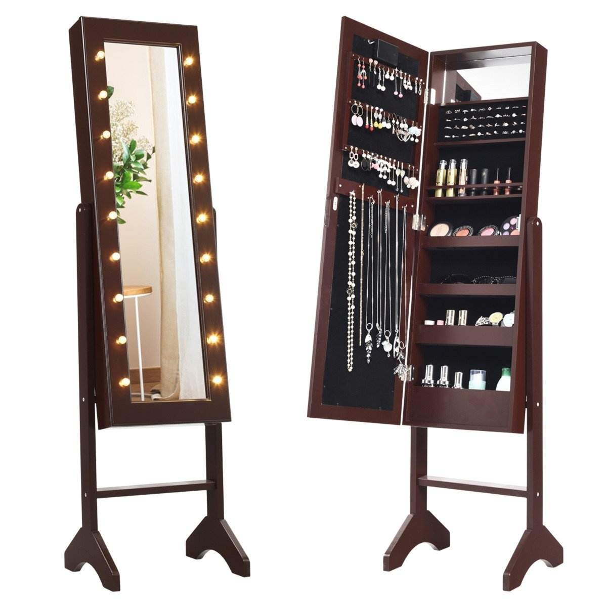 18 LED smykkeskab med fuldlængde spejl & makeup spejl vippejusterbart brun