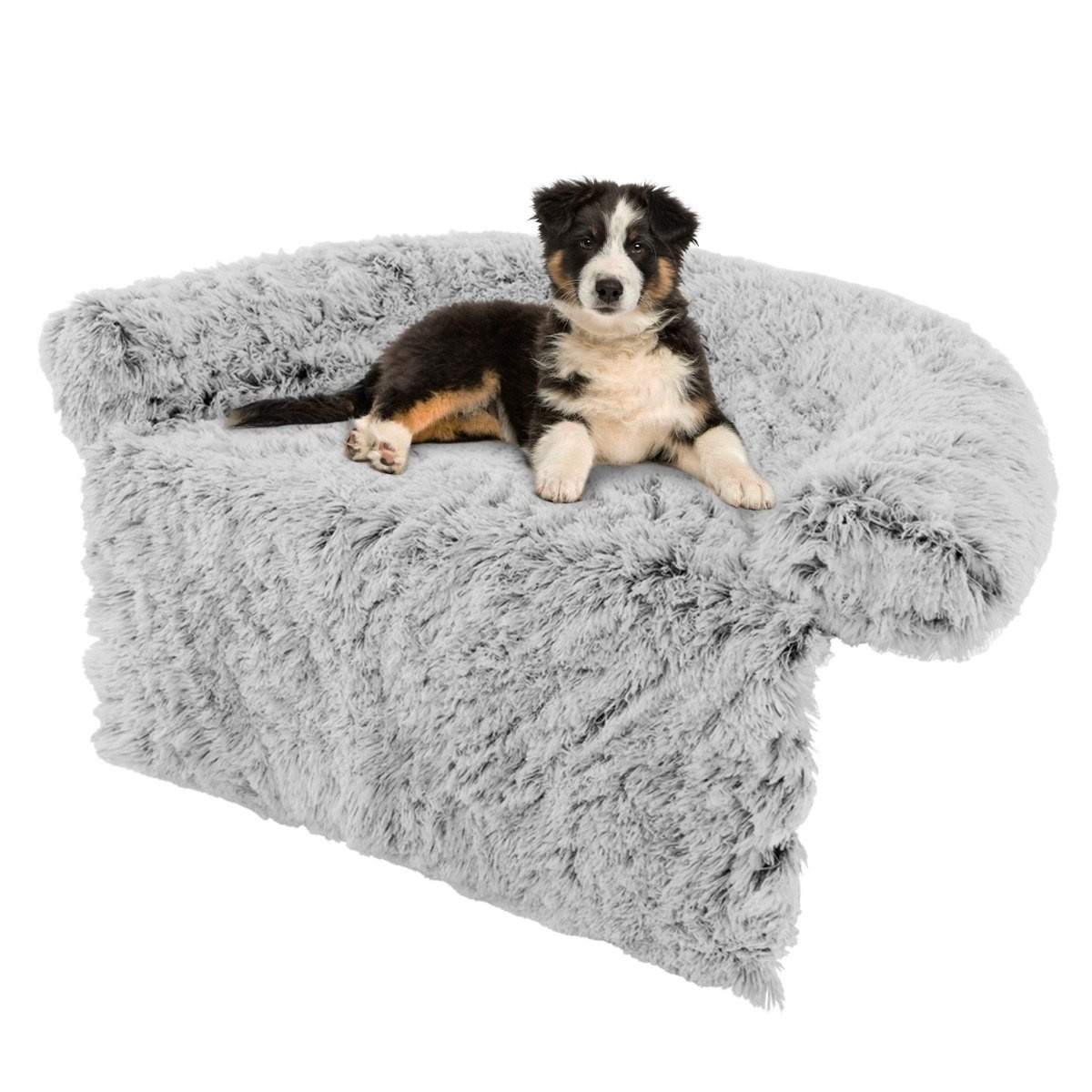 Plys hundeseng med skridsikker bund, aftageligt vaskbart betræk og blødt bolster, mellemstørrelse 112 x 101 cm, grå-hvid
