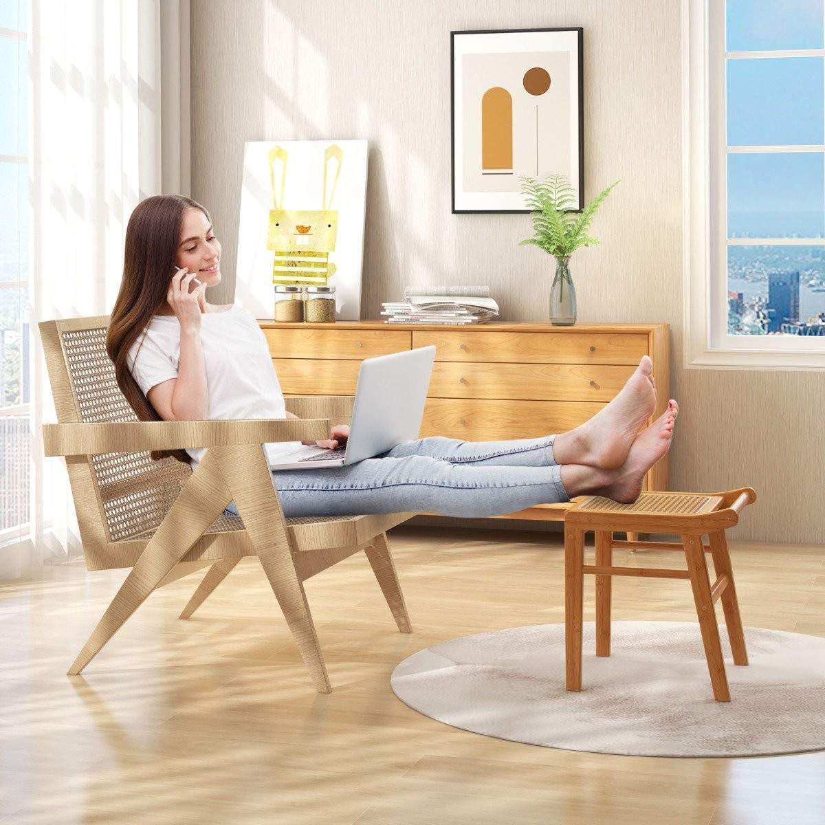 Bambu kosmetisk pall med rottingyta & halkfria fotkuddar, stabil pall med förstärkningsstång | Hem & Hobby - Hem & Hushåll - Sovrum | Pryloteket