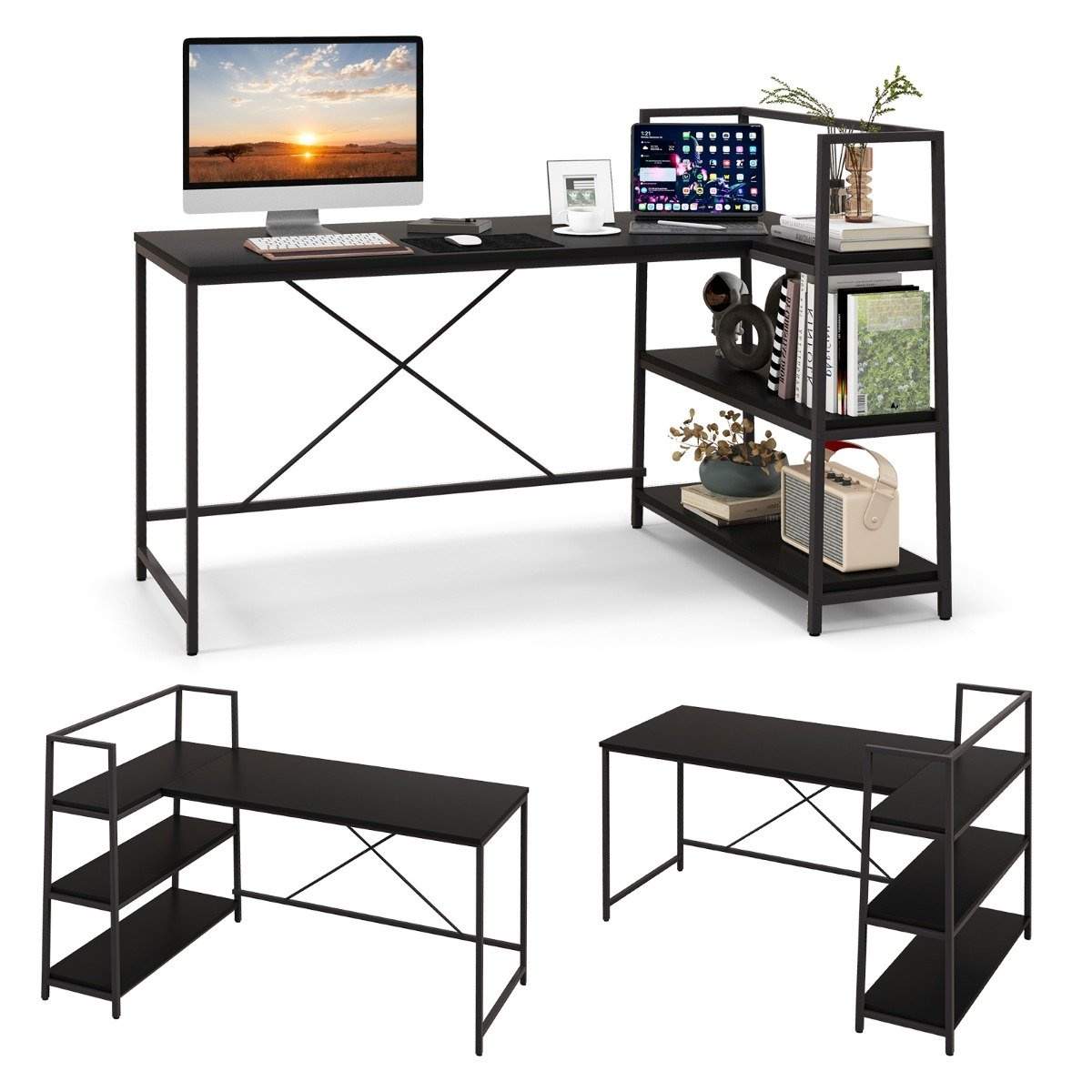 148 cm långt L-format datorbord med öppna hyllor, platsbesparande skrivbord för en modern arbetsplats, svart | Hem & Hobby - Hem & Hushåll - Sovrum | Pryloteket