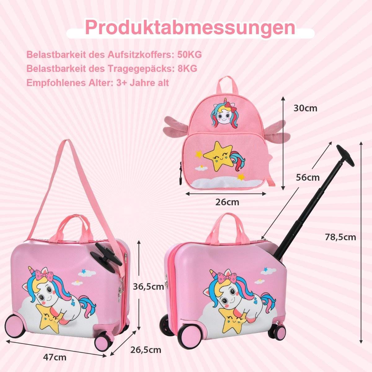 2-delt børnekuffert + rygsæk 47 cm lang ride-on kuffert og 30 cm bred rygsæk pink enhjørning