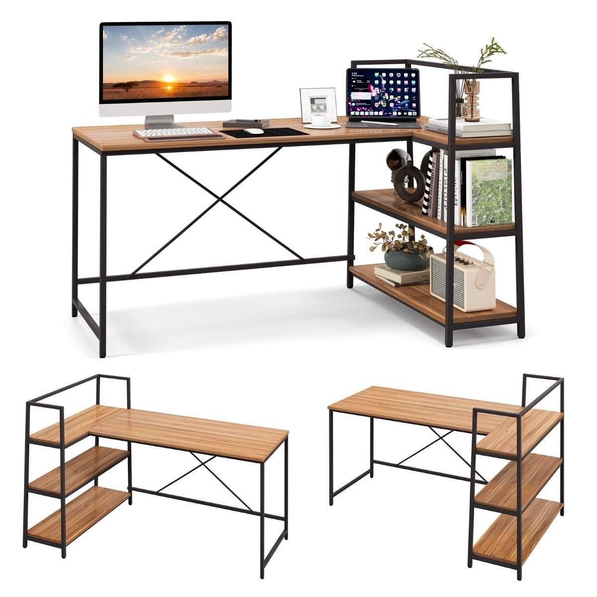148 cm langt L-formet computerbord med åbne hylder, pladsbesparende skrivebord til en moderne arbejdsstation, valnød