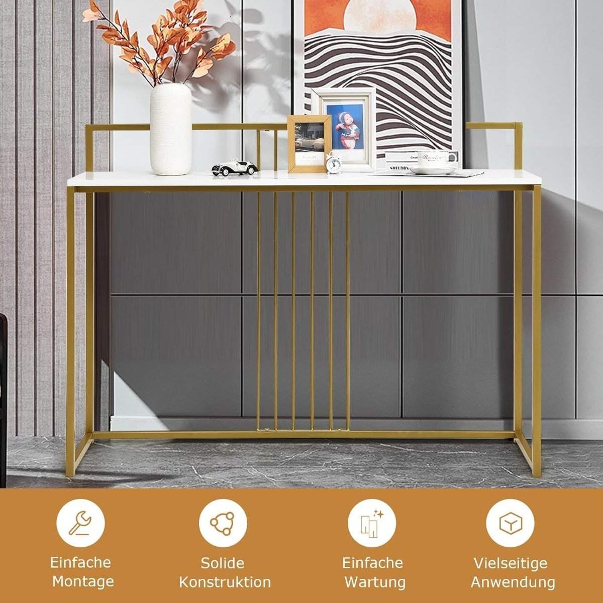 120 cm konsolbord med marmorlook & guld metalstel Moderne gangbord Hvid