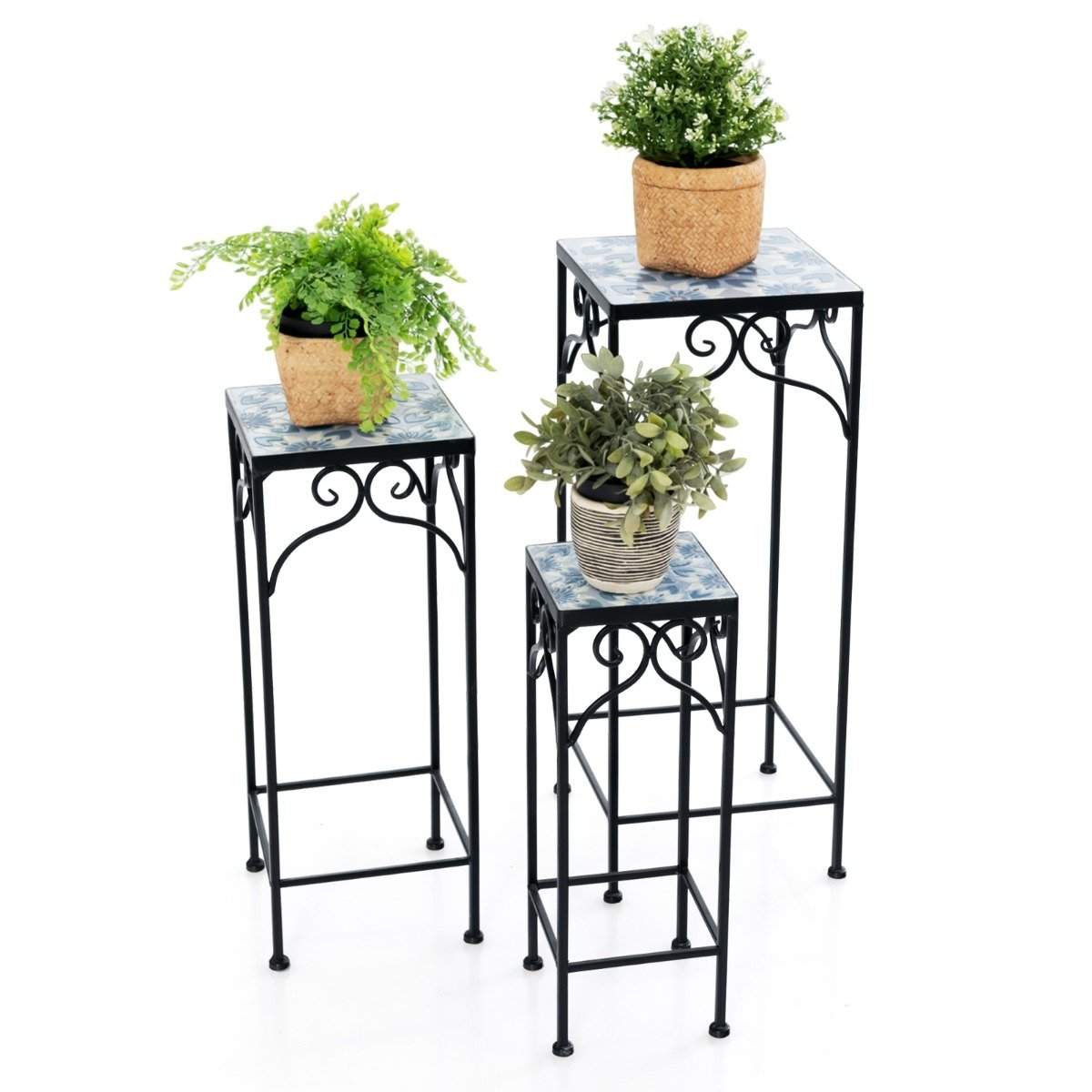Sæt med 3 plantestativer i metal med mosaikfliser indskudte plantekasser blå 28/23/18 cm