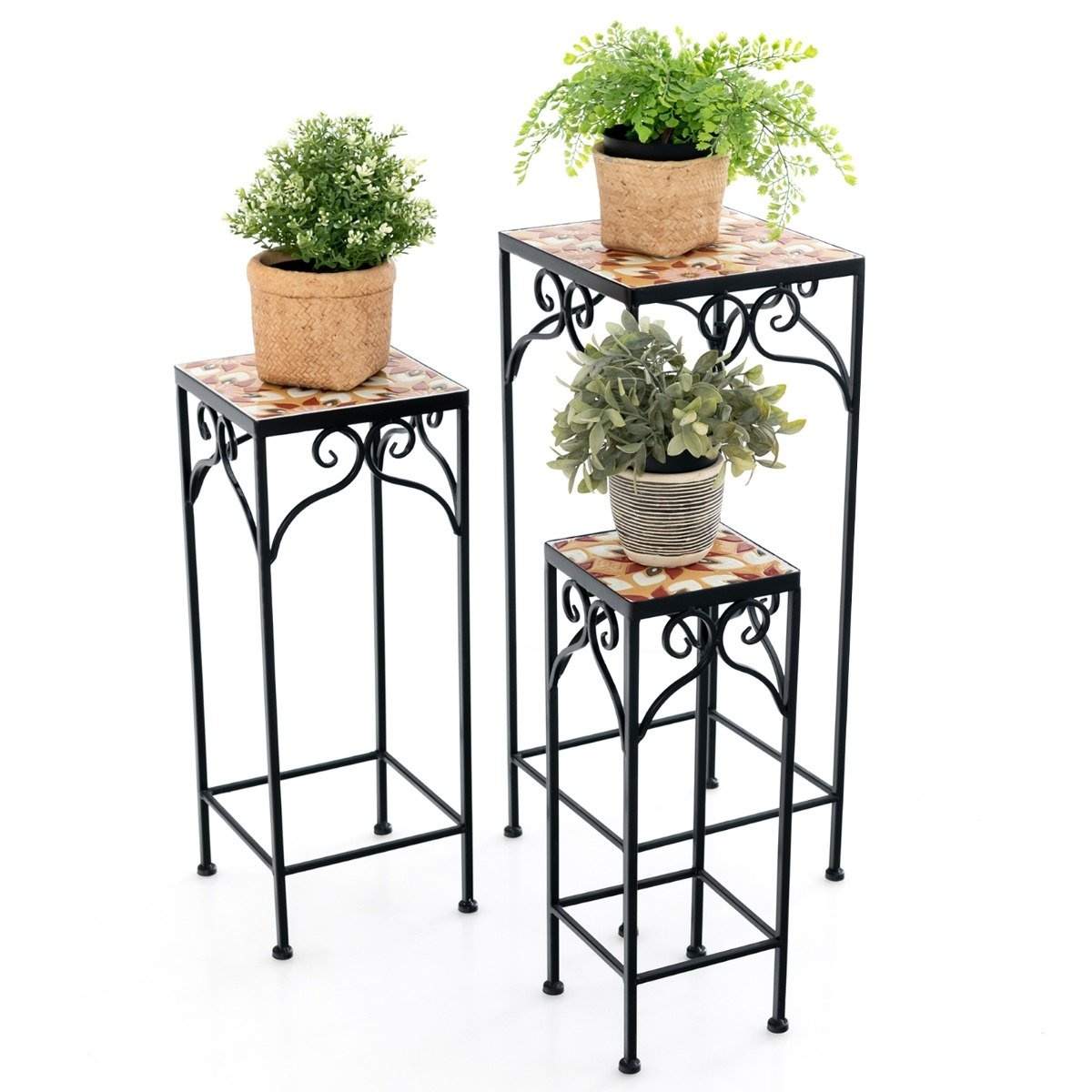 Sæt med 3 plantestandere i metal med mosaikfliser indskudte plantekasser gul 28/23/18cm