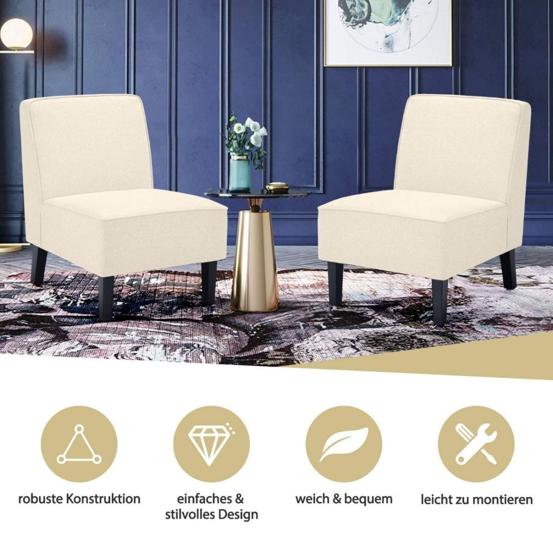 Vadderad fåtölj med ryggstöd och träben, accentstol, lastkapacitet upp till 150 kg, beige | Hem & Hobby - Hem & Hushåll - Balkong | Pryloteket