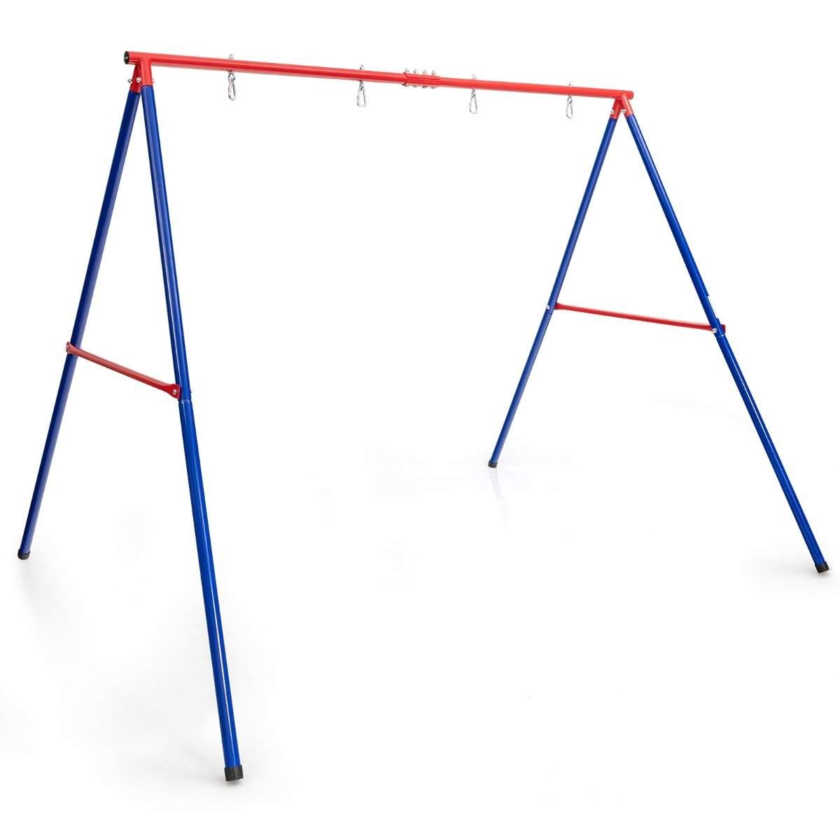 Stort gyngestativ i metal med robust A-ramme jordanker, skridsikker og fodkappe