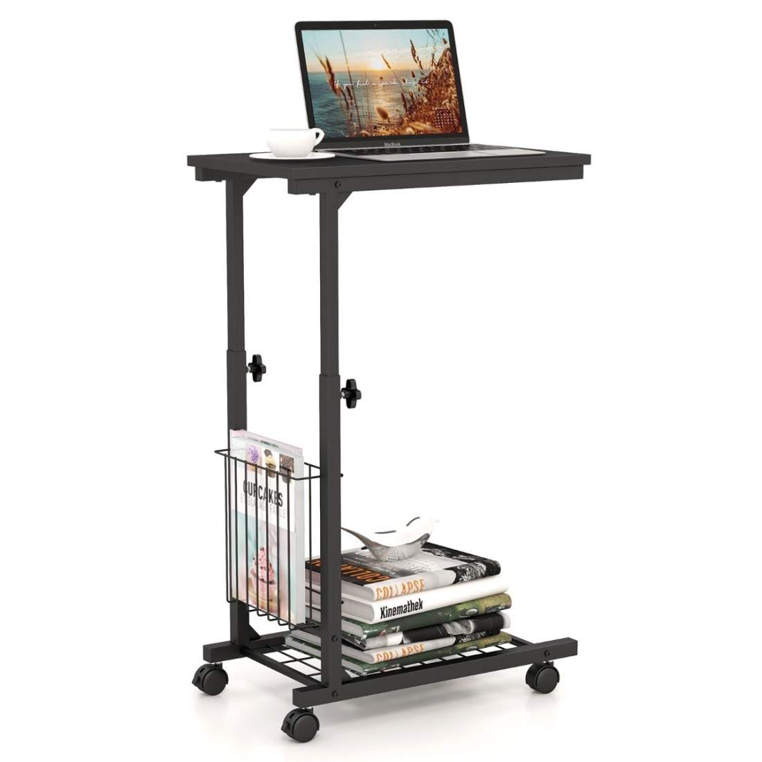 Höjdjusterbart laptopbord med förvaringskorg & hjul C-format soffbord svart | Elektronik - Datortillbehör - Laptoptillbehör - Laptopbord | Pryloteket