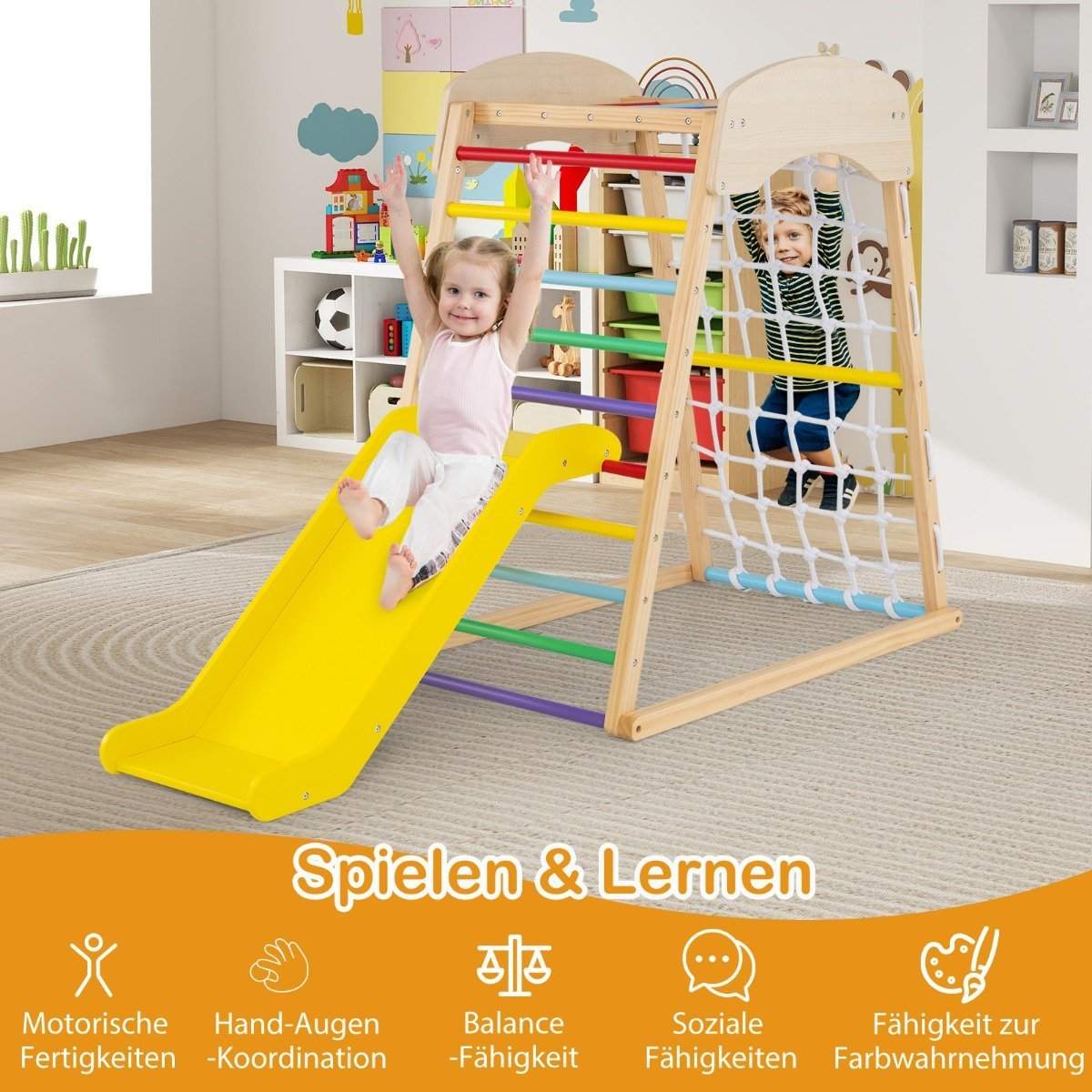 6 in 1 Pull Up Bar & liukumäki ja kiipeilykivet ja kiipeilyverkko sekä tikkaat ja tunnelikiipeilyteline värikäs