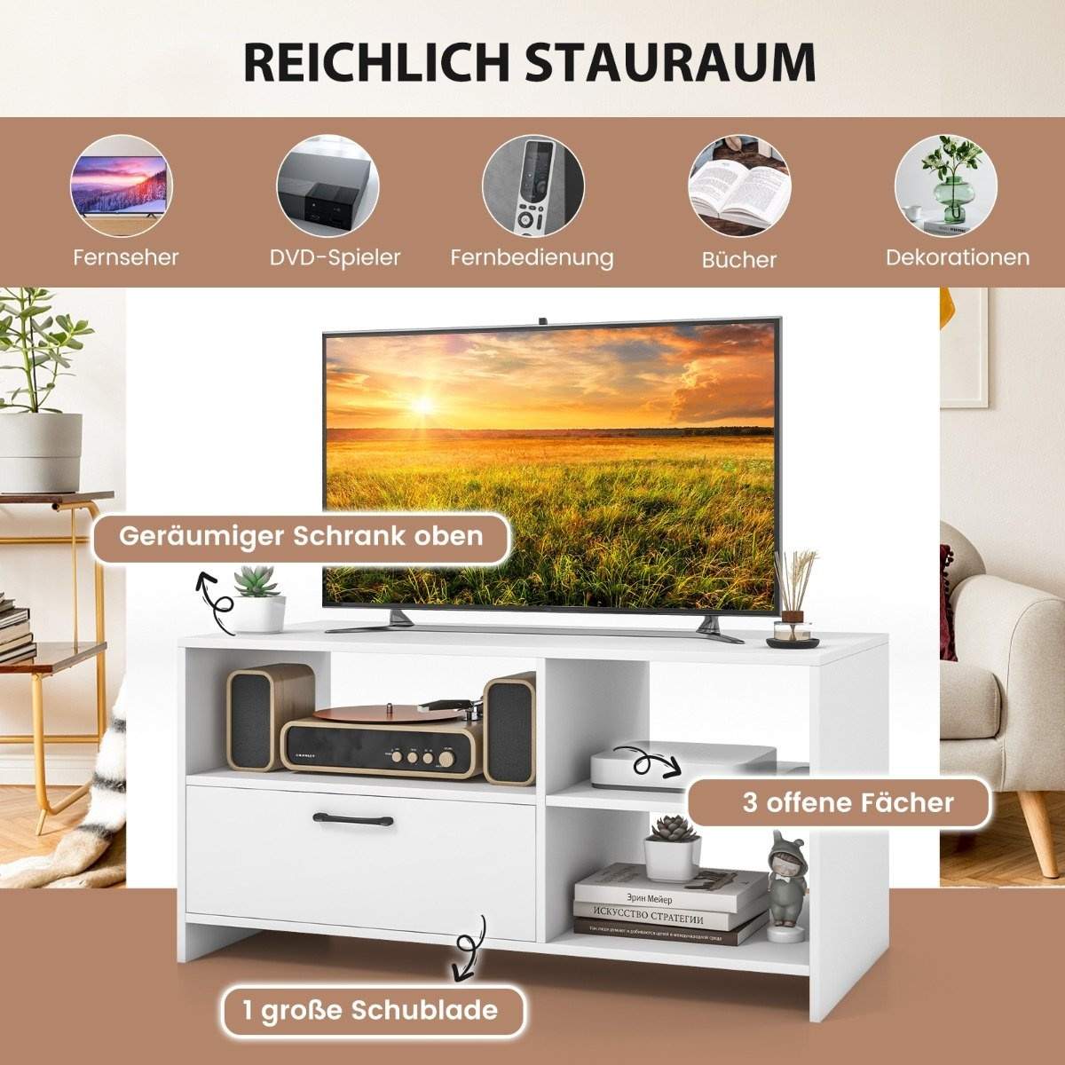 Tv-bänk Tv-skåp för tv med öppna fack och låda 104,5 x 51,5 x 52 cm vit | Elektronik - Ljud & Bild - TV-Tillbehör - Fjärrkontroller | Pryloteket