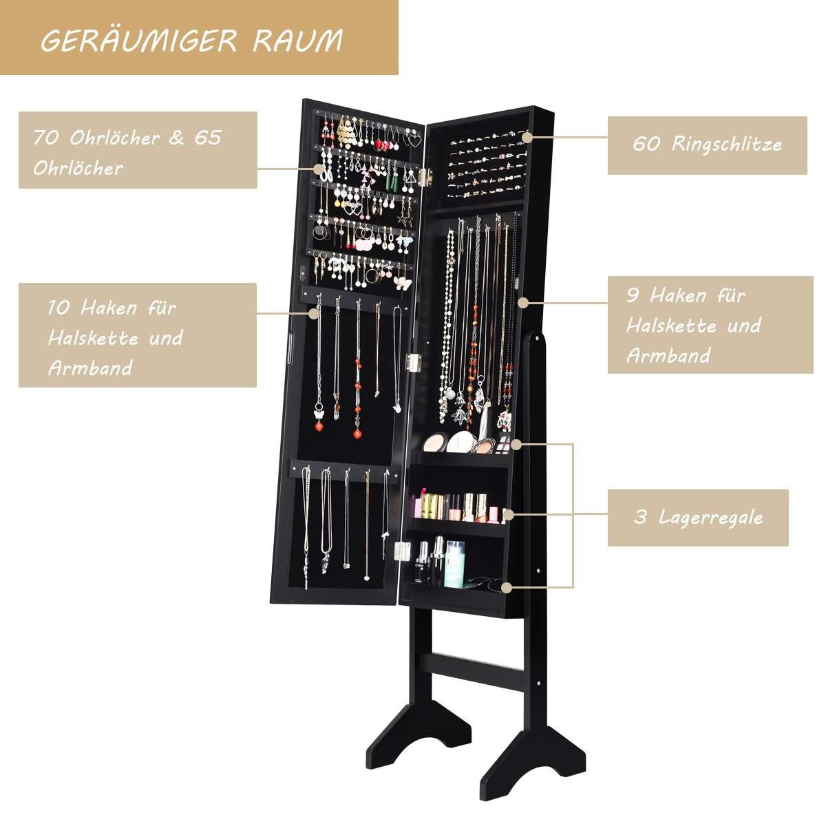 Fritstående smykkeskab med spejlsmykkehylde i fuld længde 35,5 × 33 × 153 cm sort
