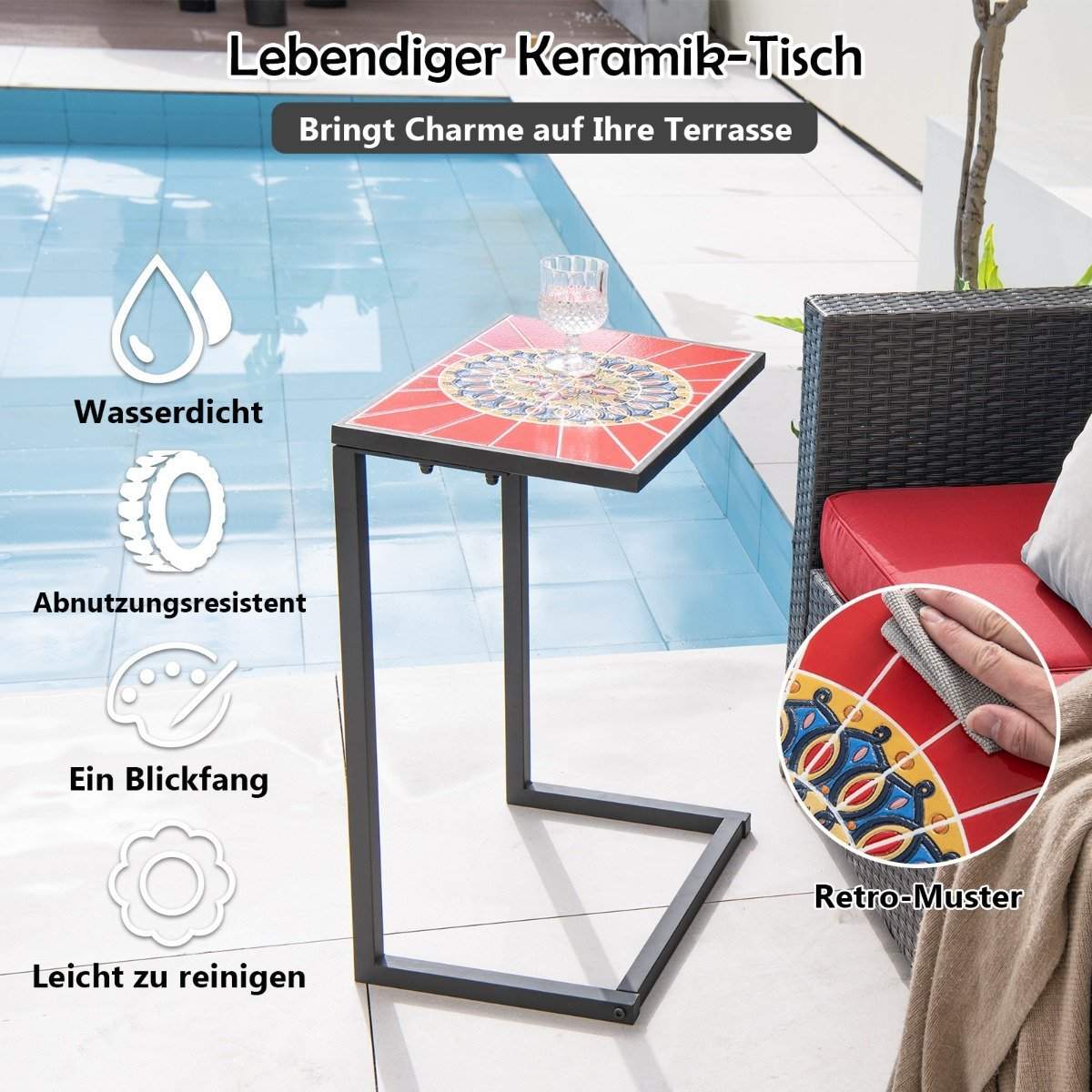 C-formet sidebord sofabord med metalstel terrassebord 46,5 x 32 x 65,5 cm sort + rød