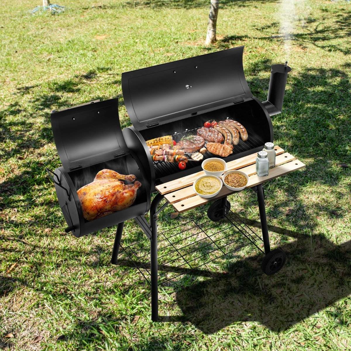 BBQ kulgrill med hjul grillvogn med låg udendørs grill 115 x 65 x 108 cm sort