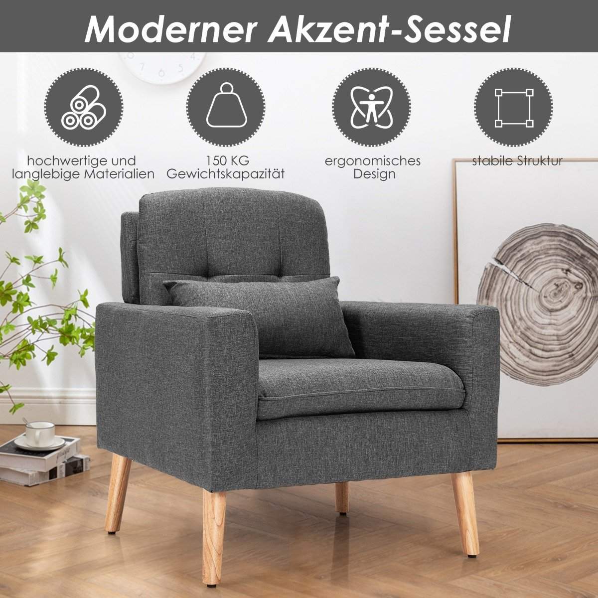 Modern relaxstol med armstöd & ryggkuddar Vadderad enkelsoffa grå 73 x 77 x 85 cm | Hem & Hobby - Hem & Hushåll - Sovrum | Pryloteket