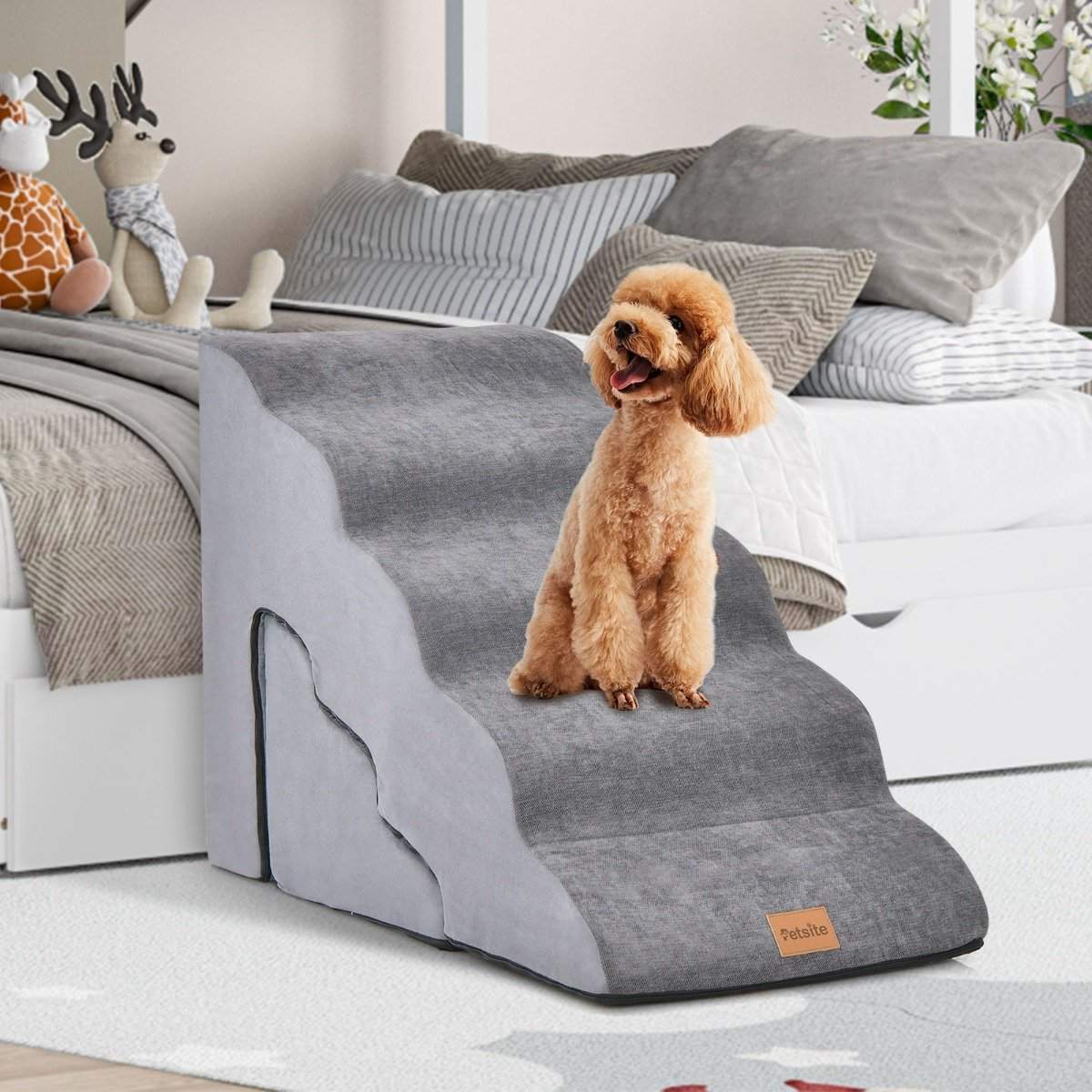5- og 3-trins hundetrappe med Chenille-stofoverflade og kæledyrsbørste skridsikker grå
