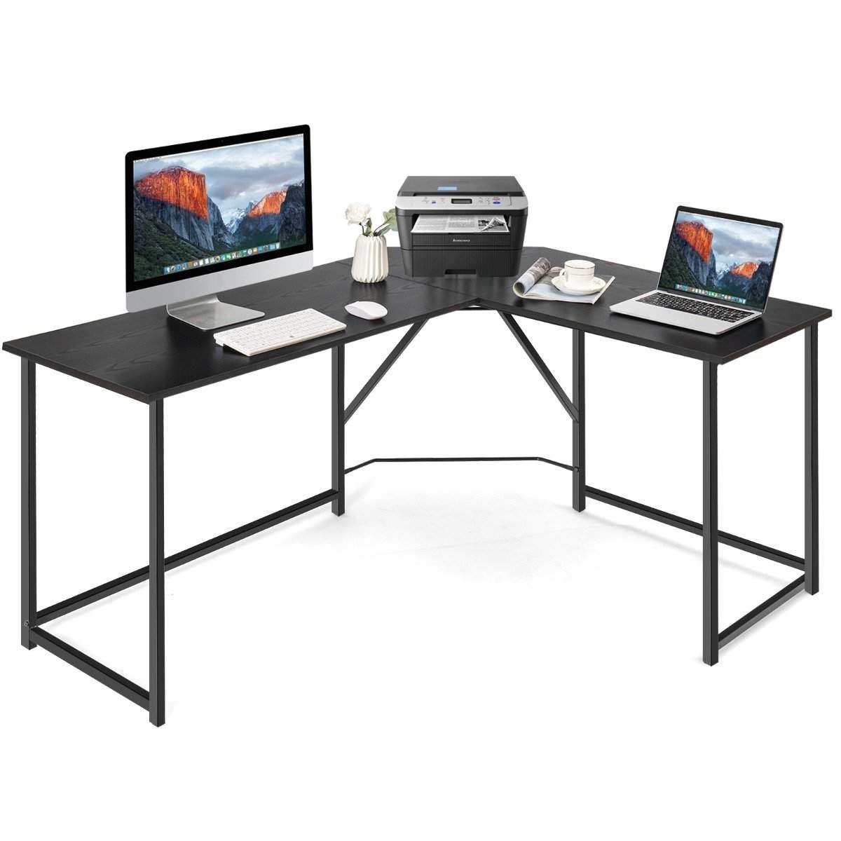L-formet skrivebord med rundt hjørne moderne computerbord 148 × 120 × 75 cm sort