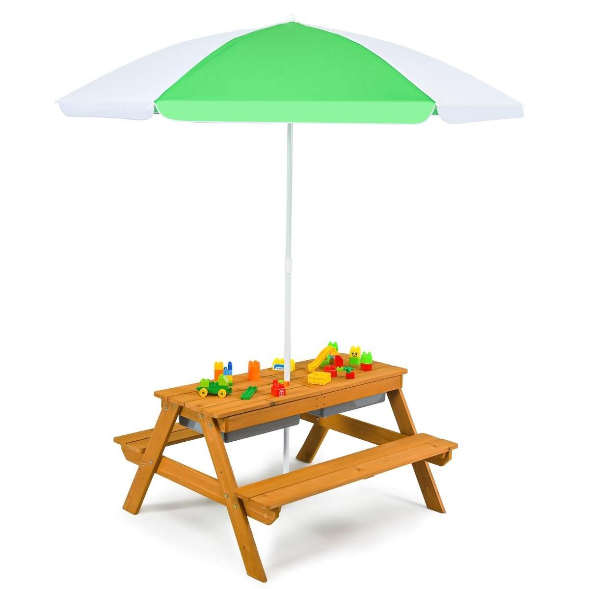 3-i-1 udendørs picnic bord vand & sand bord med spil bokse & paraply natur og hvid