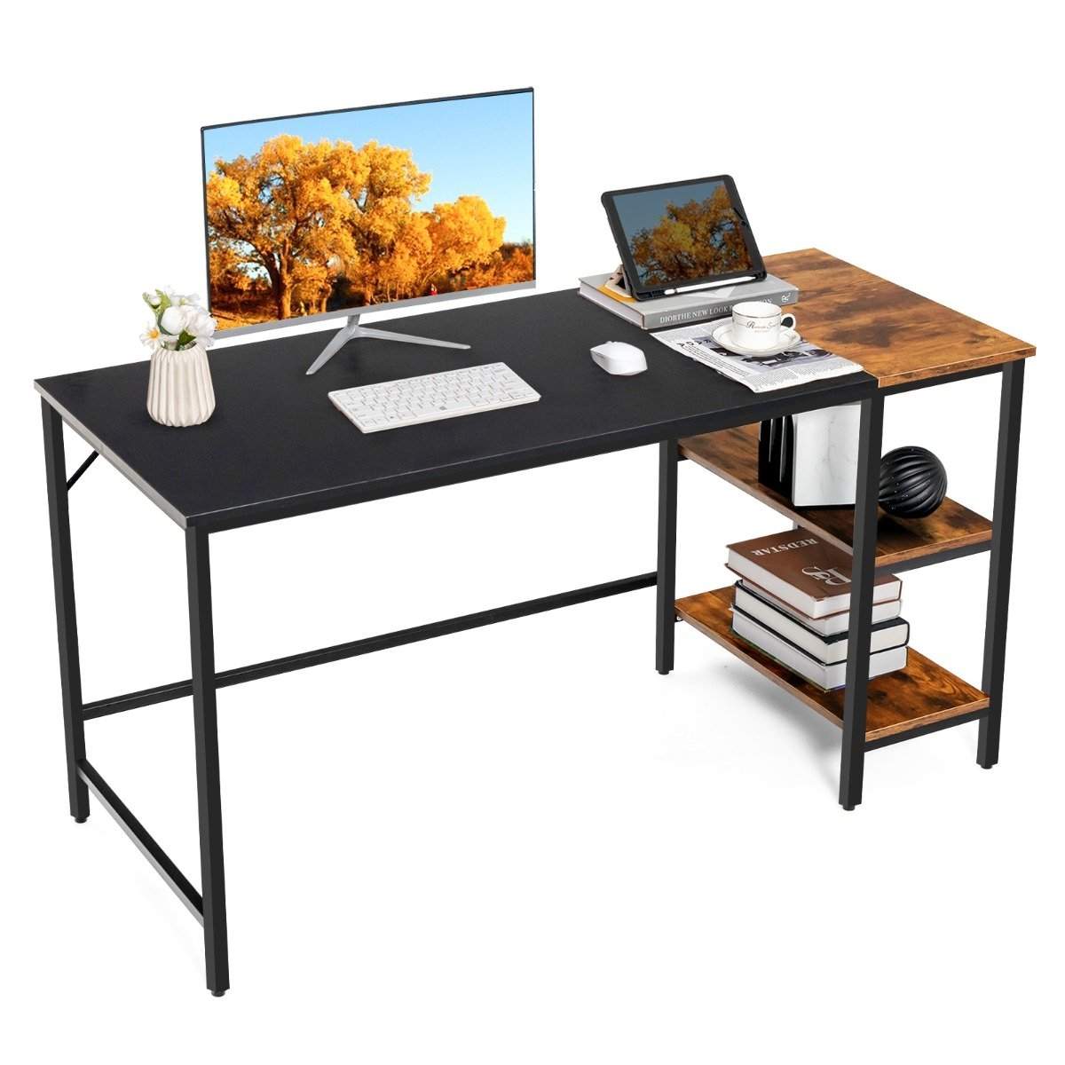 140 cm skrivebord med hylder & splejseplade computerbord kontorbord PC bord brun
