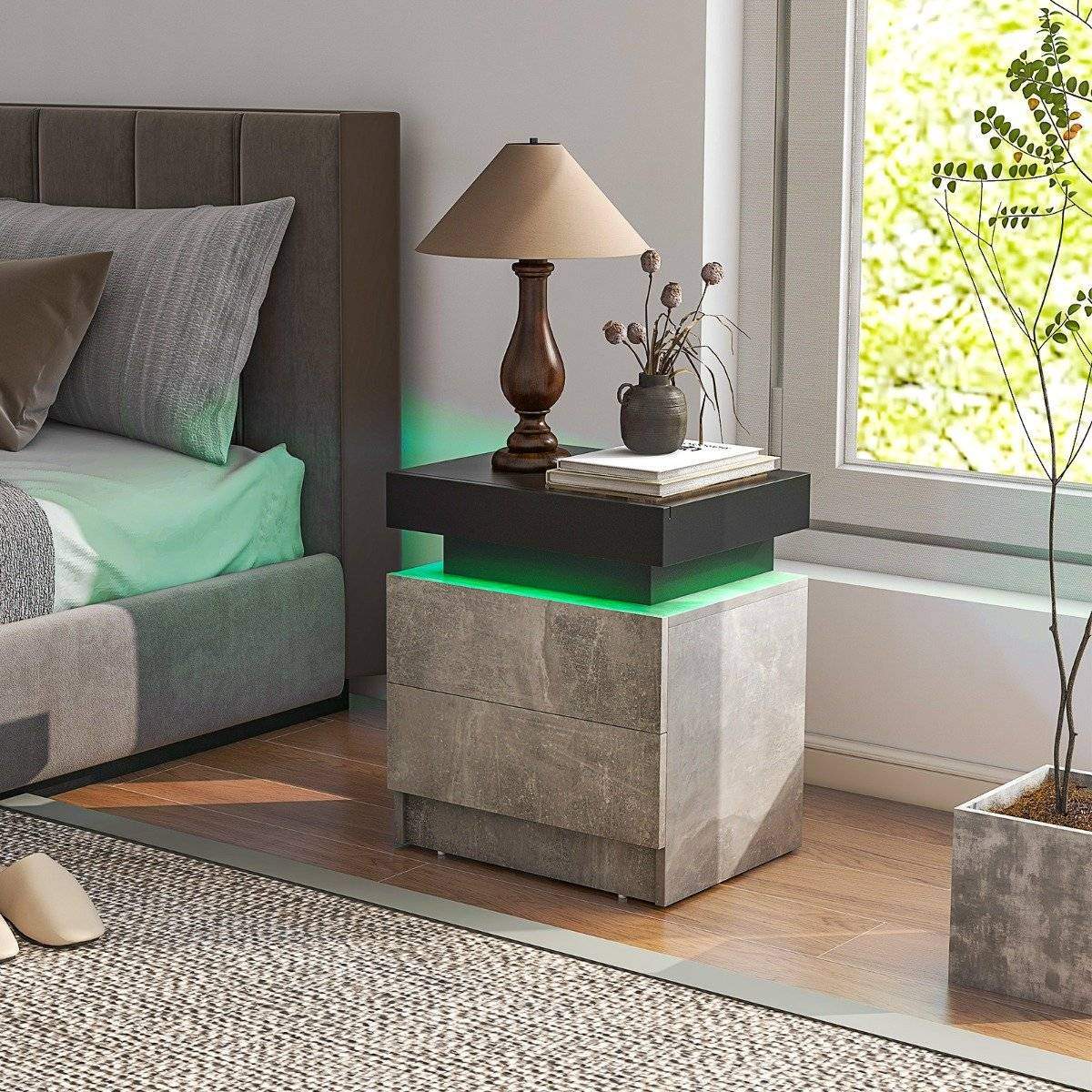 Sängbord med LED-lampor & 2 lådor & fjärrkontroll sängskåp 45 x 35 x 52cm grå | Elektronik - Ljud & Bild - TV-Tillbehör - Fjärrkontroller | Pryloteket