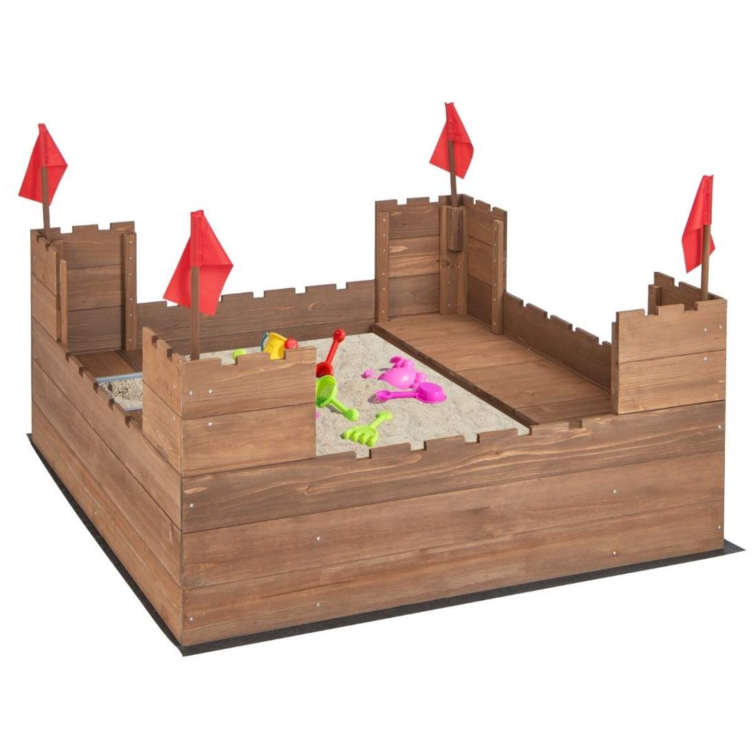 Sandlåda med förvaringsfack och flaggor, sandlåda i trä för 1-2 barn från 3 år och uppåt, 113 x 116 cm | Leksaker & Spel - Leksaker | Pryloteket