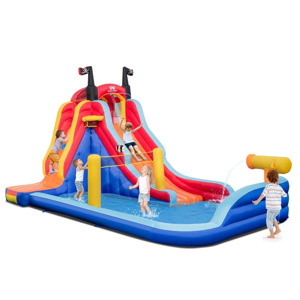5 i 1 oppusteligt vandland med pirat-tema med rutsjebane, soppebassin, basketballkurv og klatrevæg uden blæser