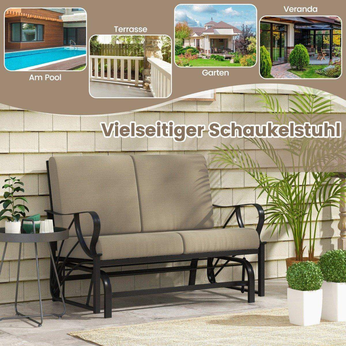 Patio bænk med hynder sprayet metalramme buede armlæn ergonomisk design brun