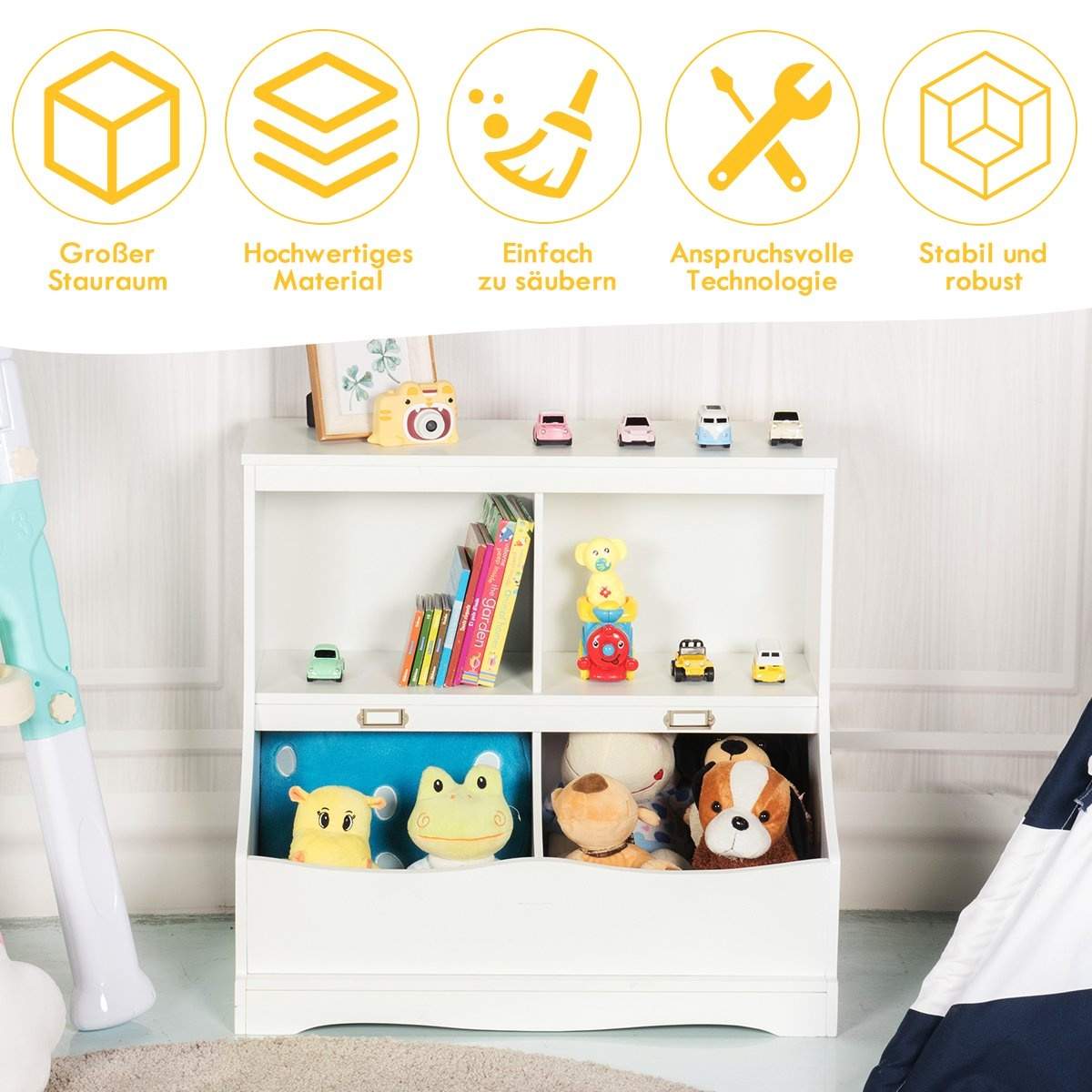 Børnehylde med 4 rum, legetøjshylde, reol til børn, 67 x 40 x 62 cm, hvid