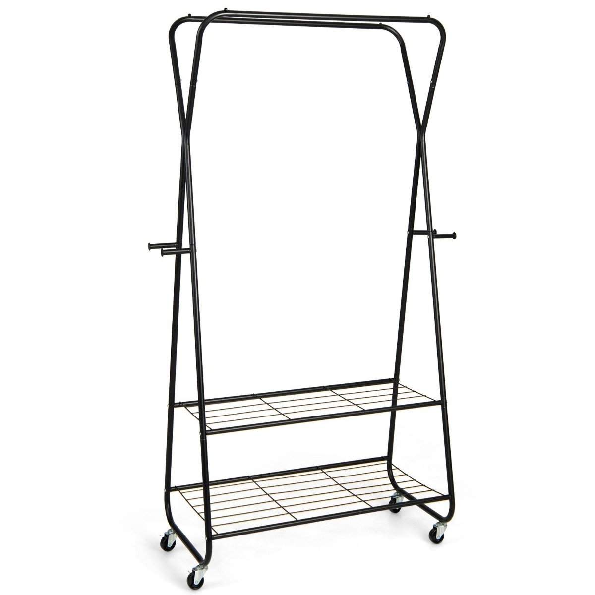 Tøjstativ på hjul med 2 tøjstænger & 2 hylder & 4 knager frakkestativ