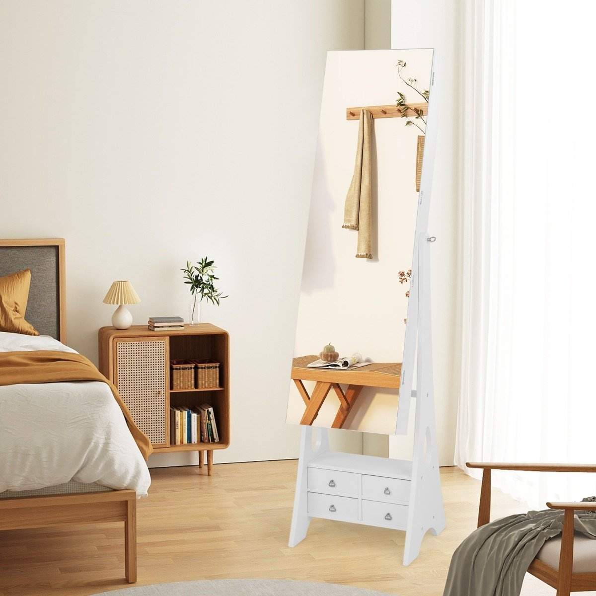 Smykkeskab med spejl & belysning Smykkespejlskab med skuffer og foldehylde hvid