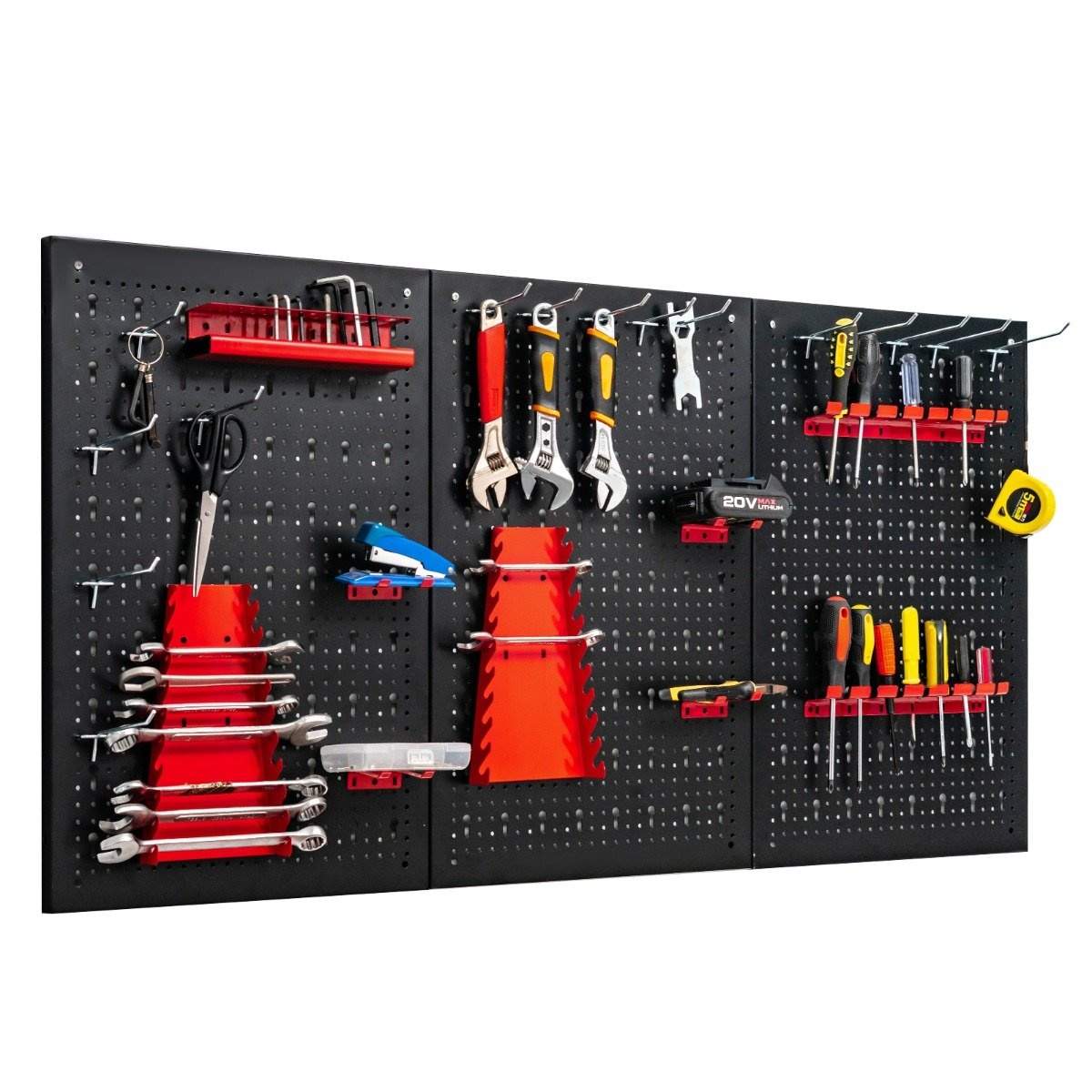 Værktøjsvæg med 25 hængende tilbehør opbevaringssystem værktøjsholder sortiment 3 perforerede paneler 120 x 60 cm